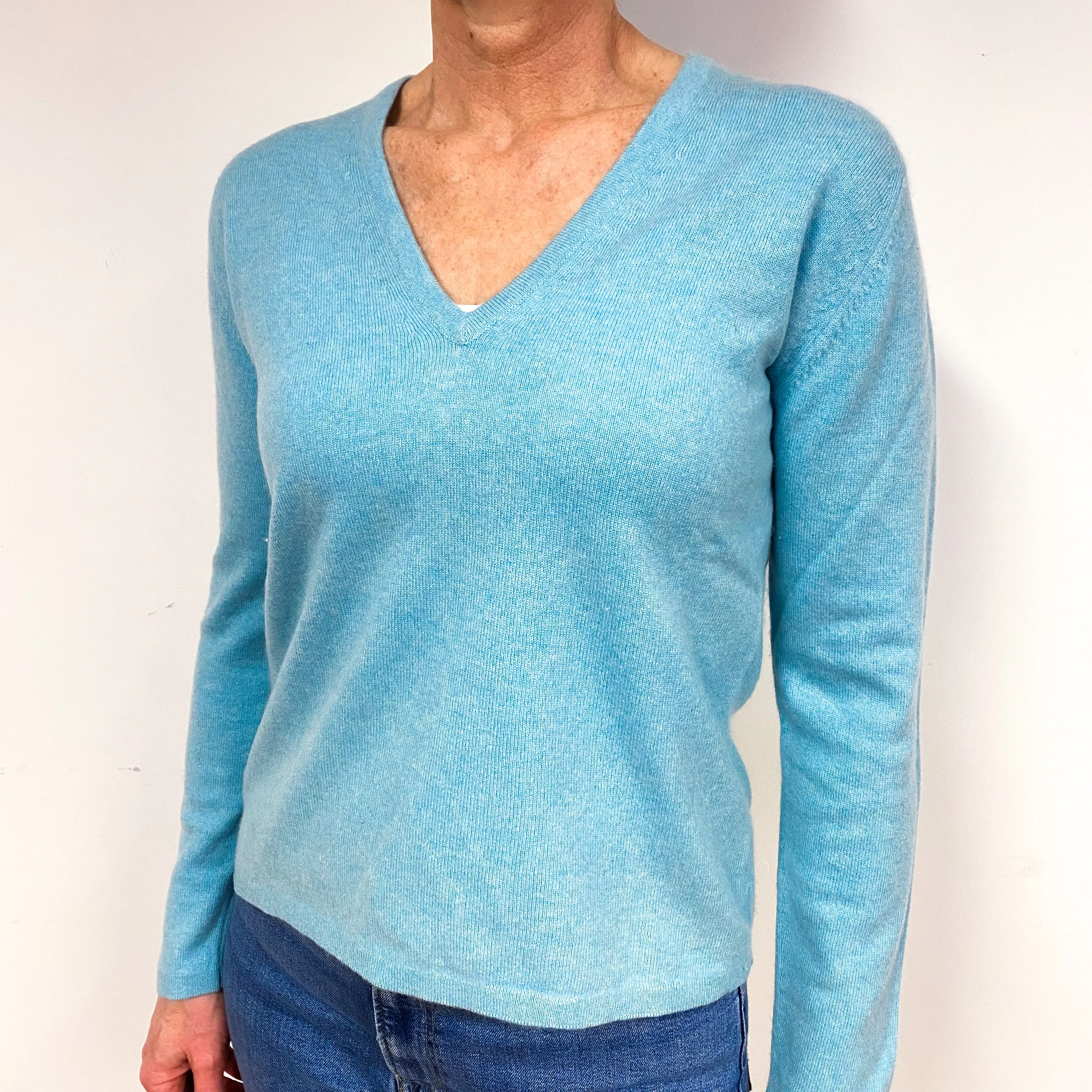 Brora Aqua Green Cashmere V-Neck Jumper Medium