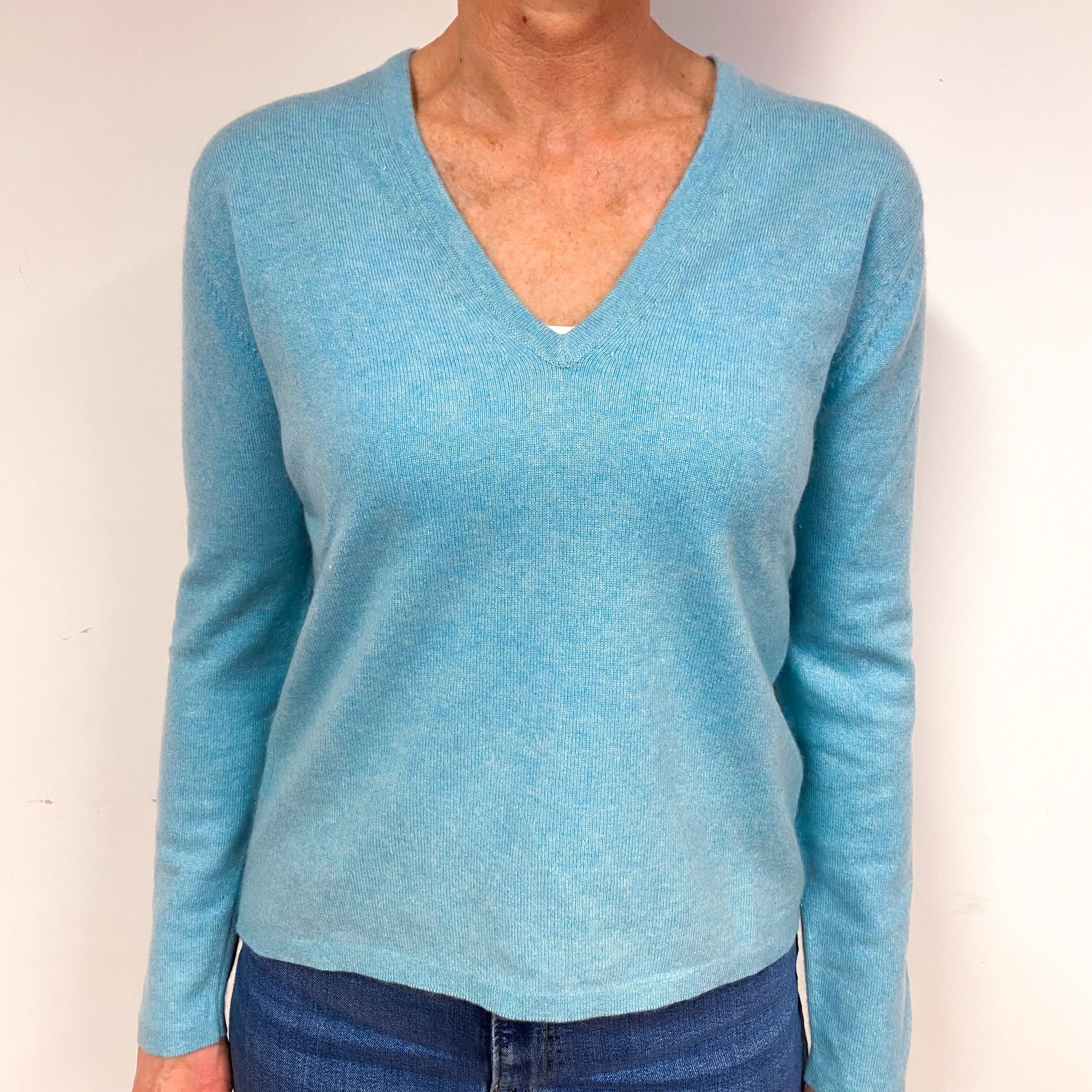 Brora Aqua Green Cashmere V-Neck Jumper Medium