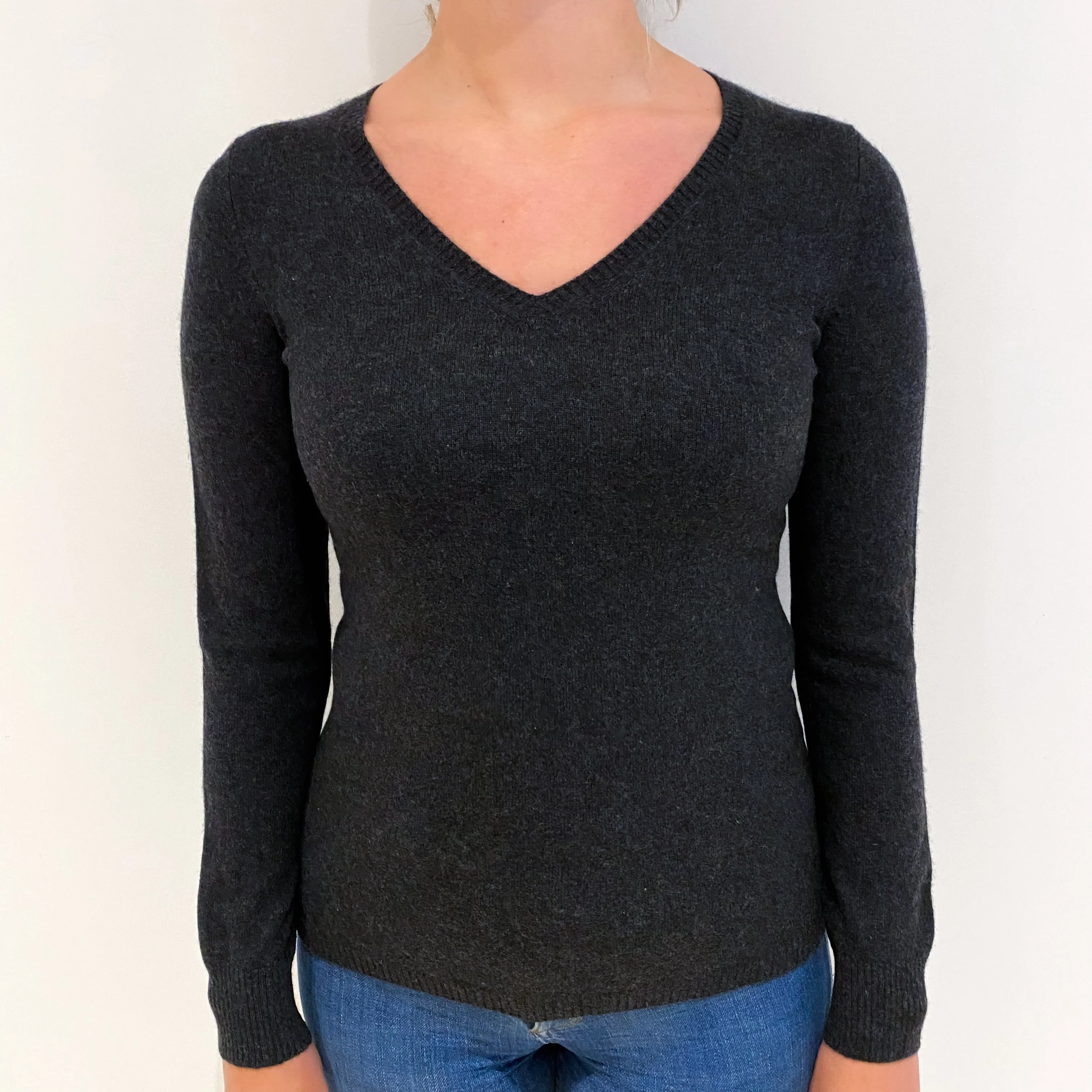 Charcoal Grey Cashmere V Neck Jumper Small