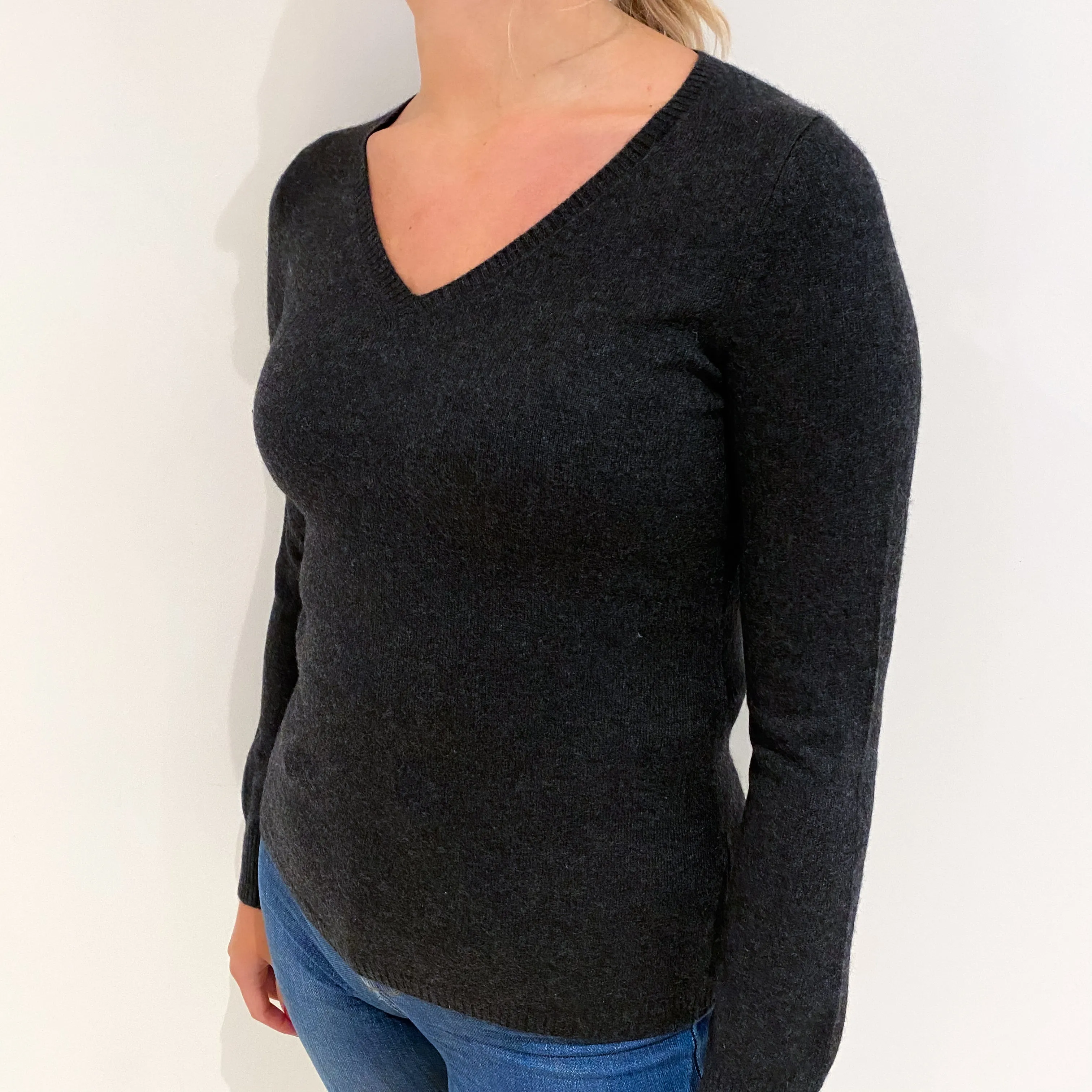 Charcoal Grey Cashmere V Neck Jumper Small