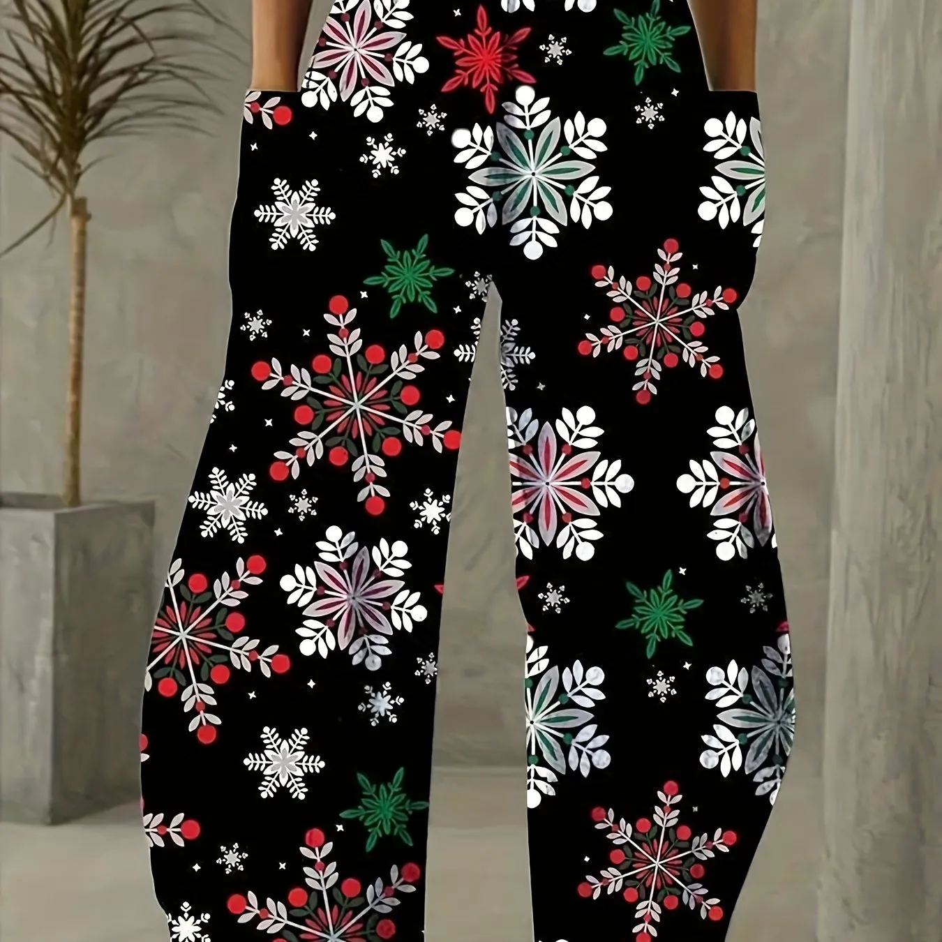 Christmas Snowflake Print Pants, Casual Pants With Pockets, Women's Clothing