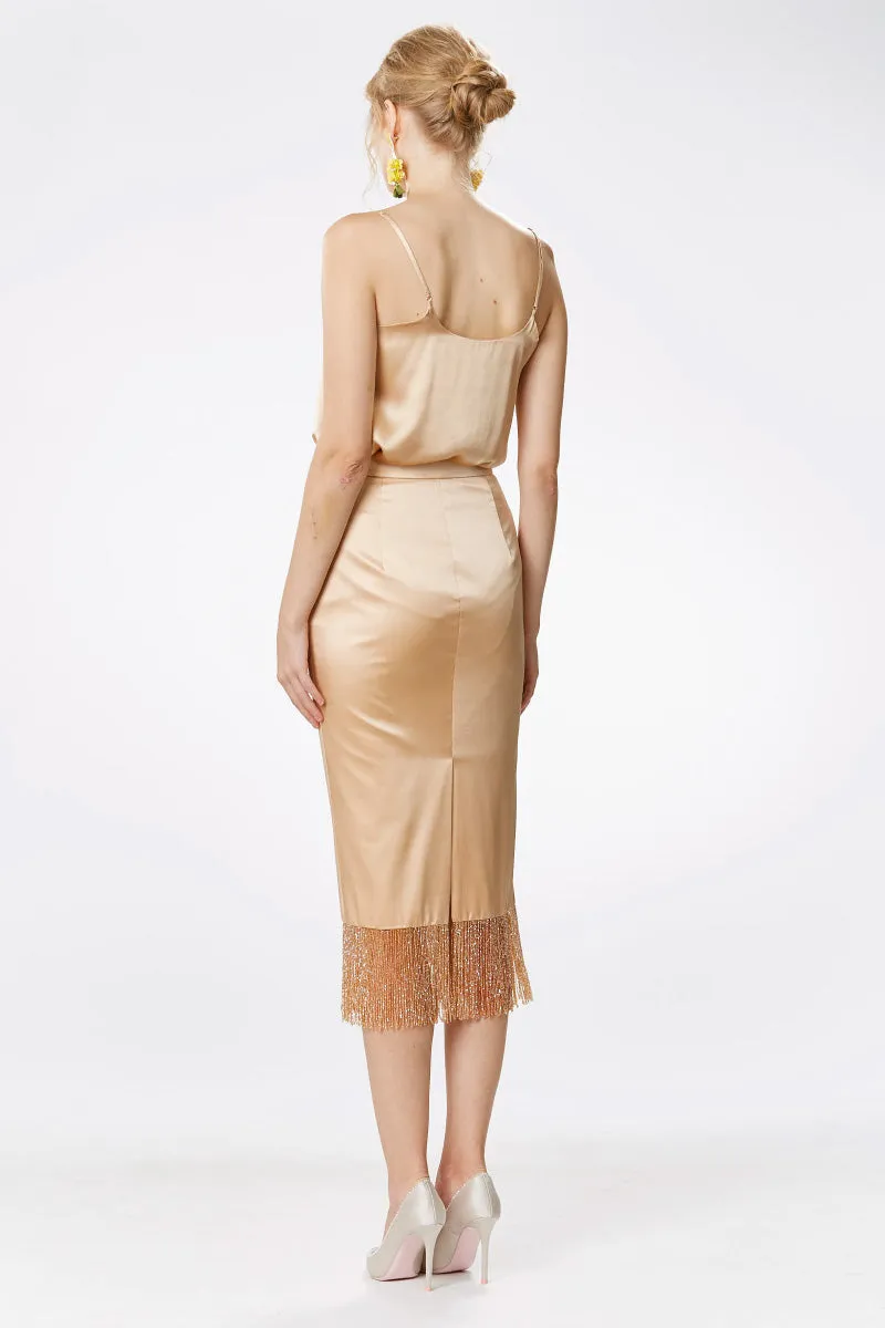 Crystal Tassels Silk Satin Pencil Skirt in Champagne