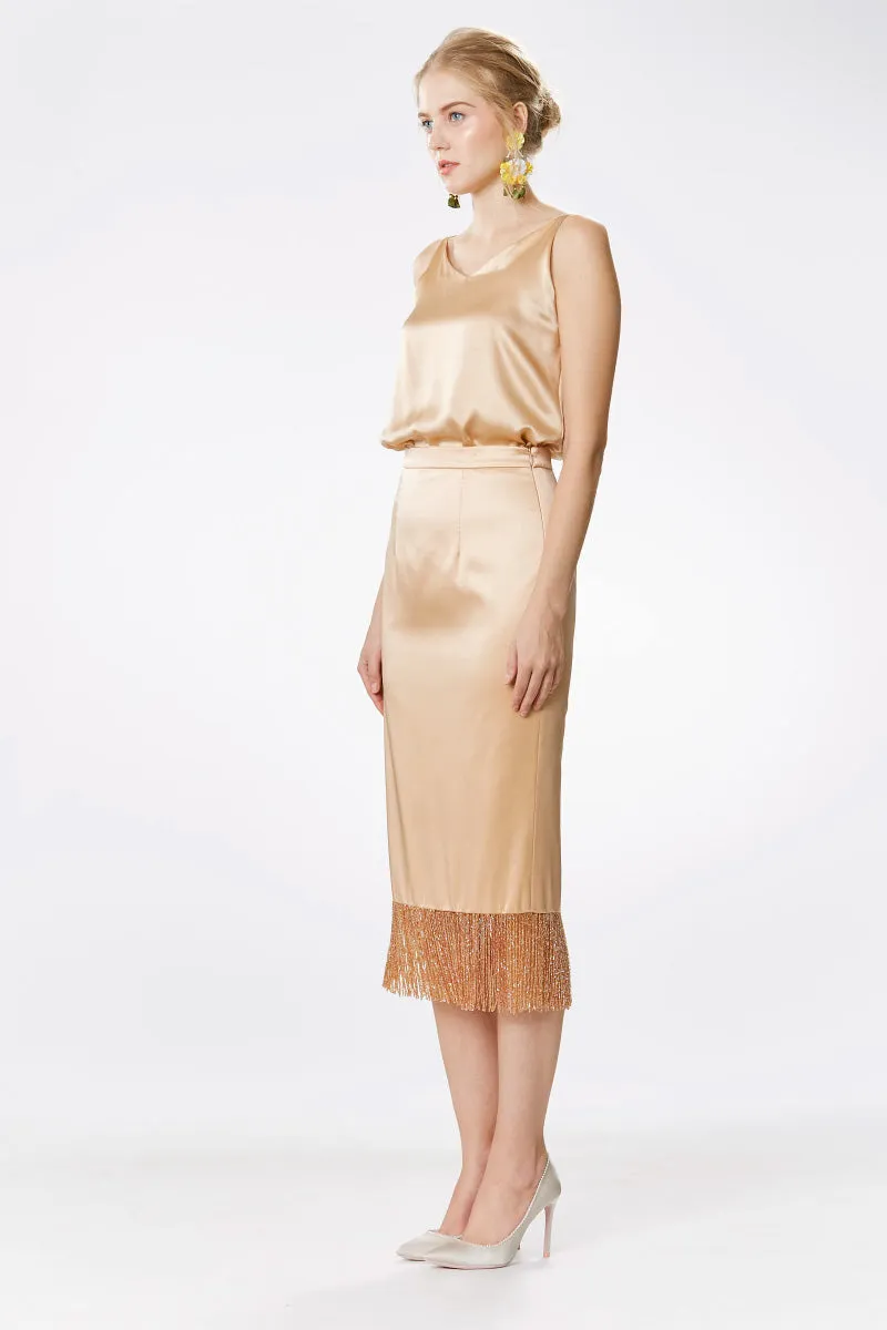Crystal Tassels Silk Satin Pencil Skirt in Champagne