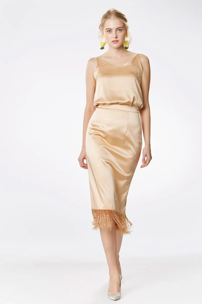 Crystal Tassels Silk Satin Pencil Skirt in Champagne