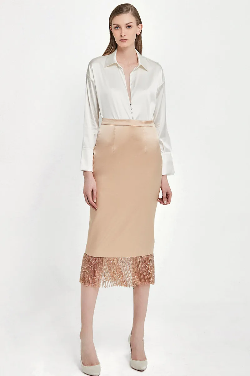 Crystal Tassels Silk Satin Pencil Skirt in Champagne