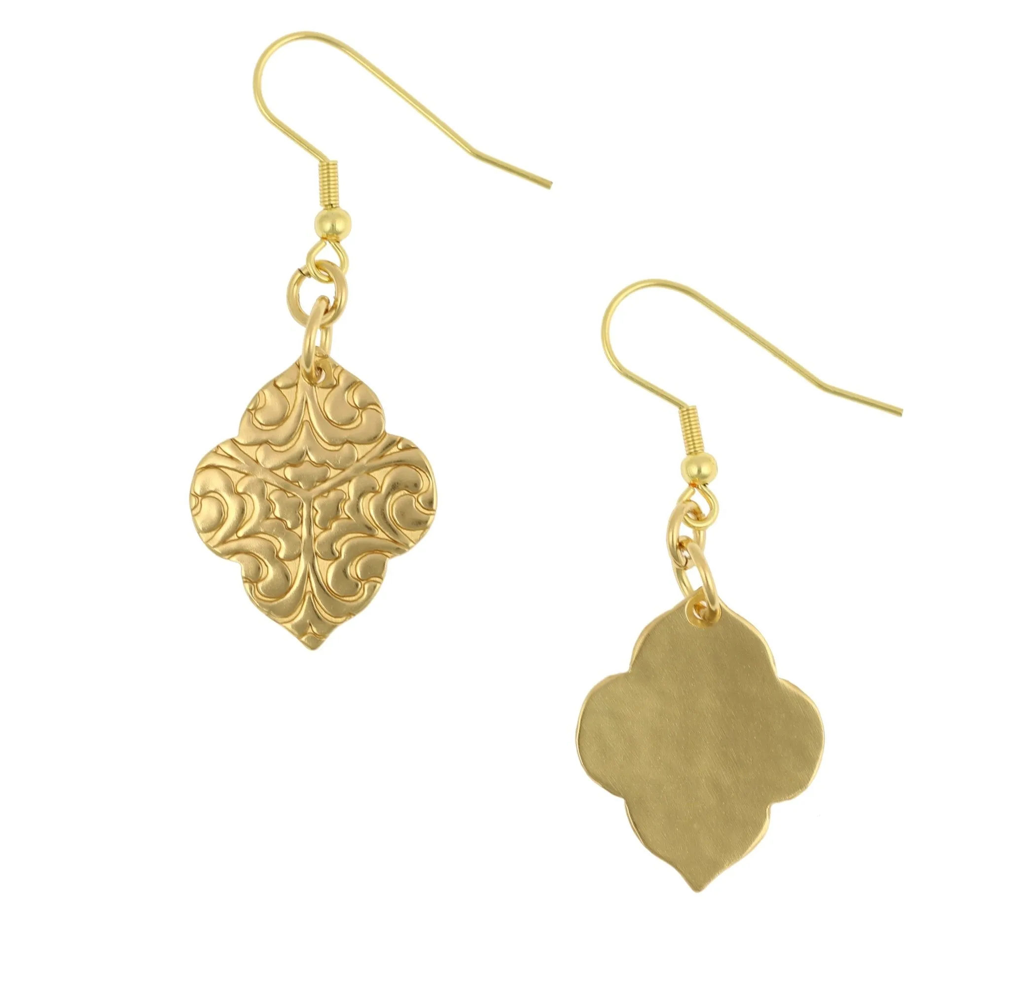 Damask Embossed Nu Gold Quatrefoil Dangle Earrings