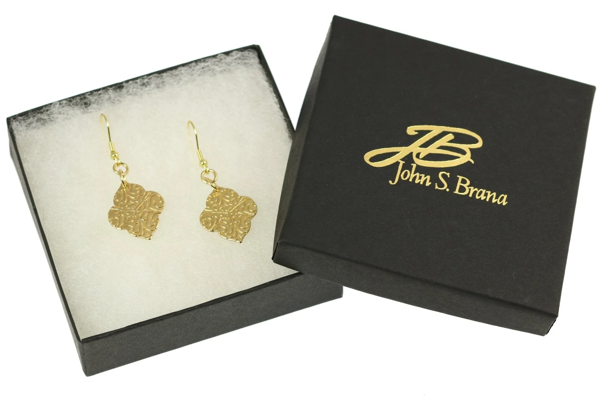 Damask Embossed Nu Gold Quatrefoil Dangle Earrings