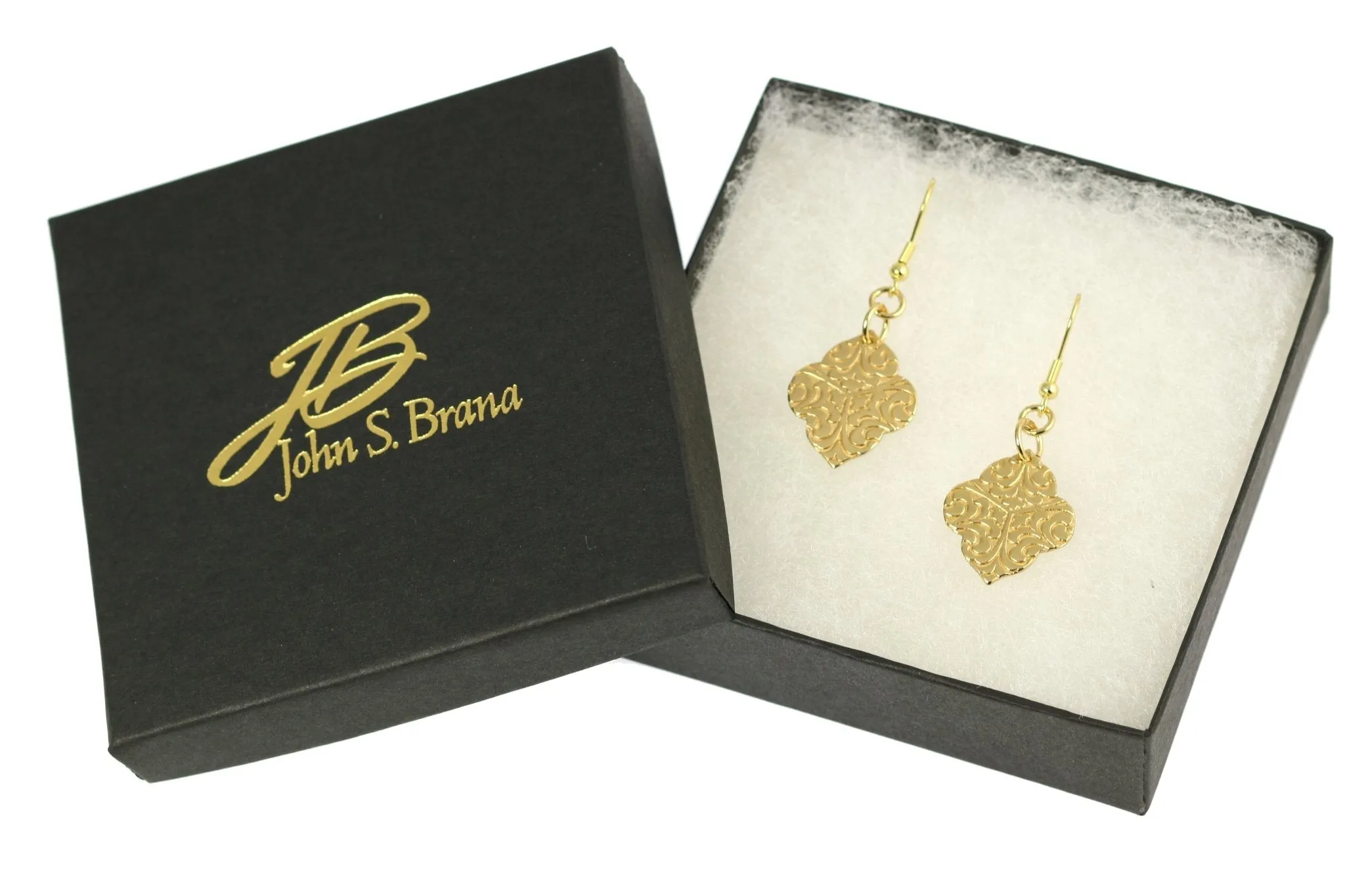 Damask Embossed Nu Gold Quatrefoil Dangle Earrings