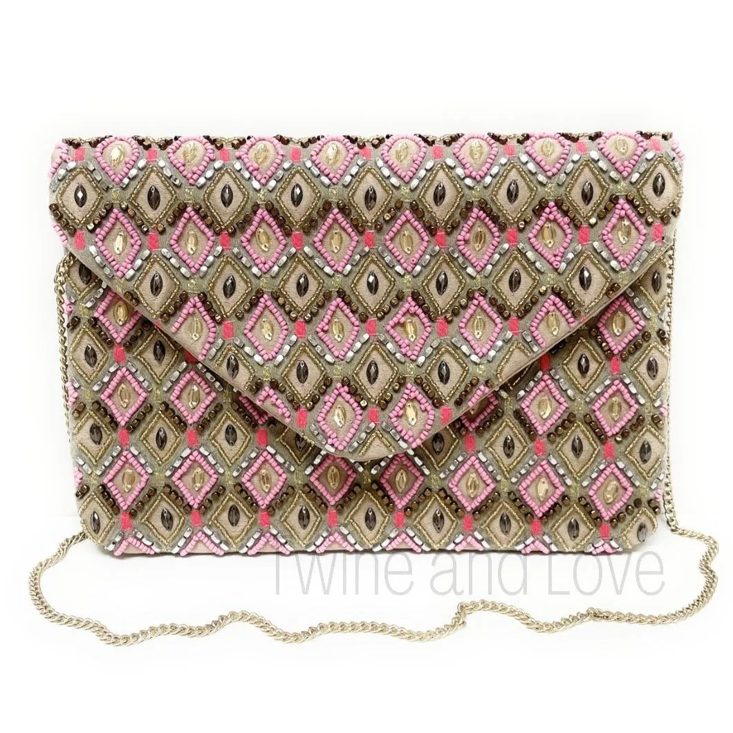 Diamond Patterned Beaded Clutch Purse
