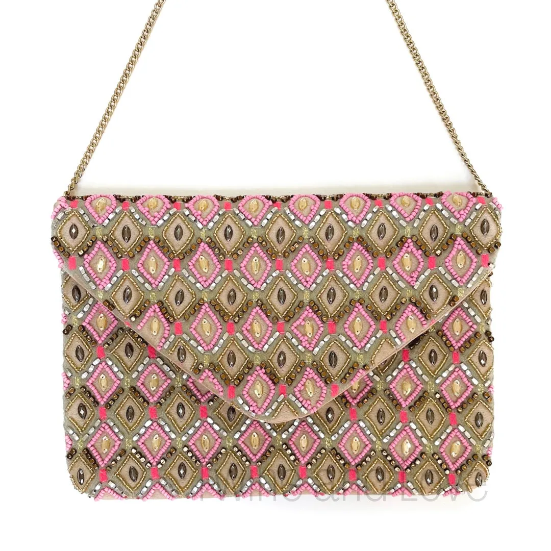 Diamond Patterned Beaded Clutch Purse