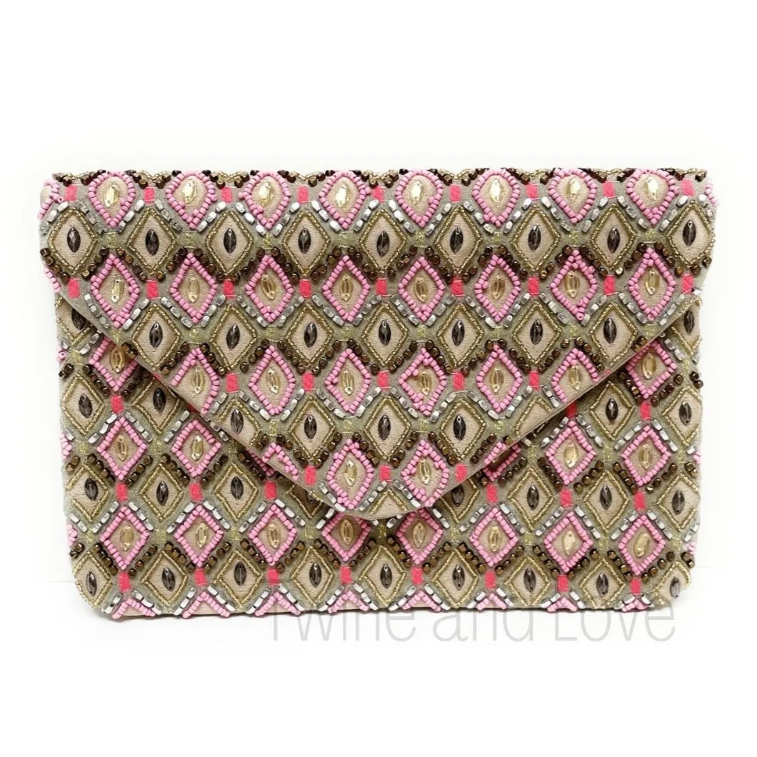 Diamond Patterned Beaded Clutch Purse