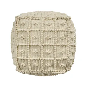 Dinah Boho Wool and Cotton Ottoman Pouf, Ivory