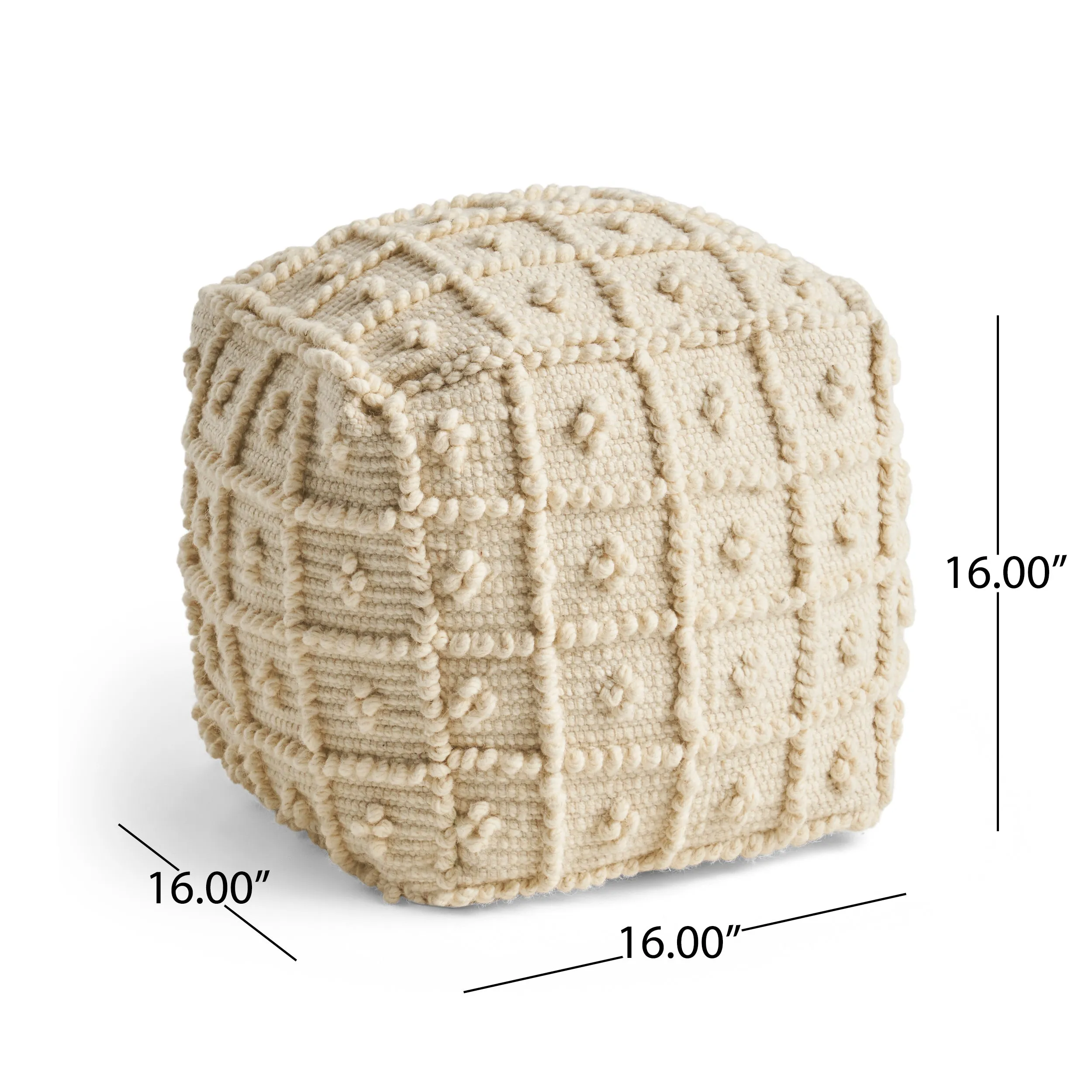 Dinah Boho Wool and Cotton Ottoman Pouf, Ivory