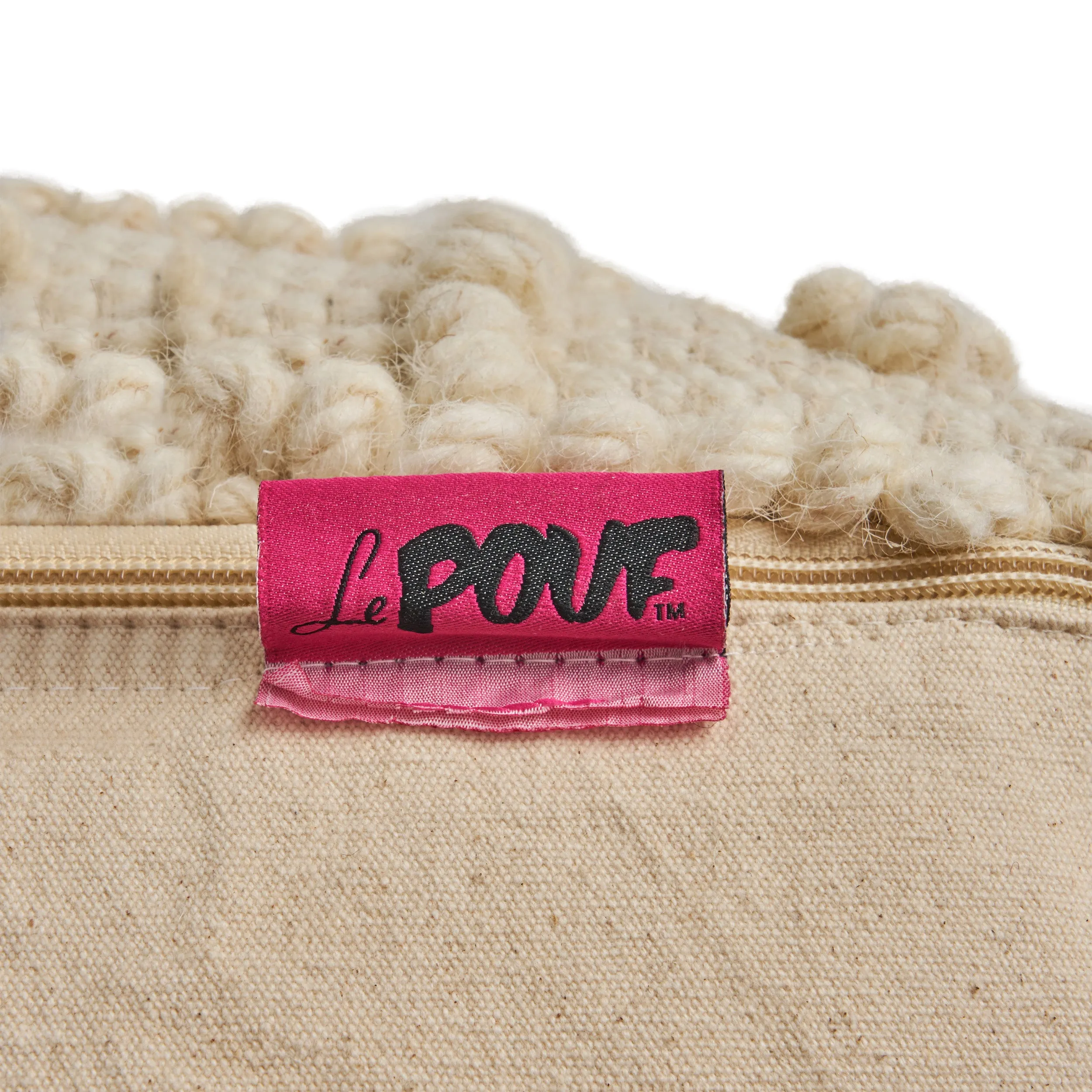 Dinah Boho Wool and Cotton Ottoman Pouf, Ivory