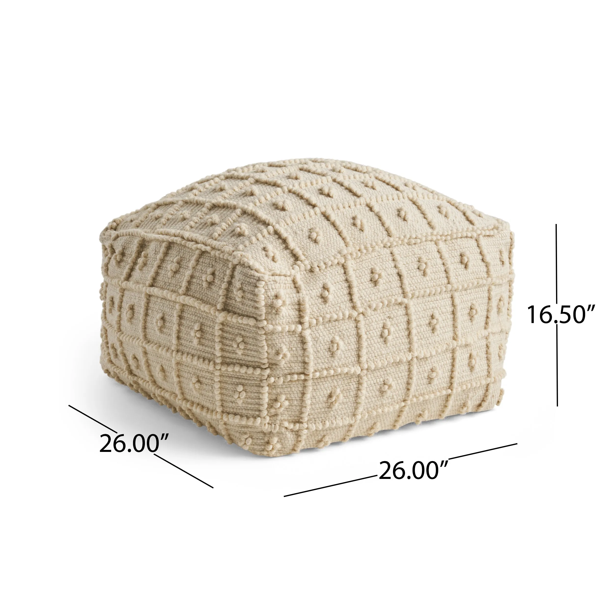 Dinah Boho Wool and Cotton Ottoman Pouf, Ivory
