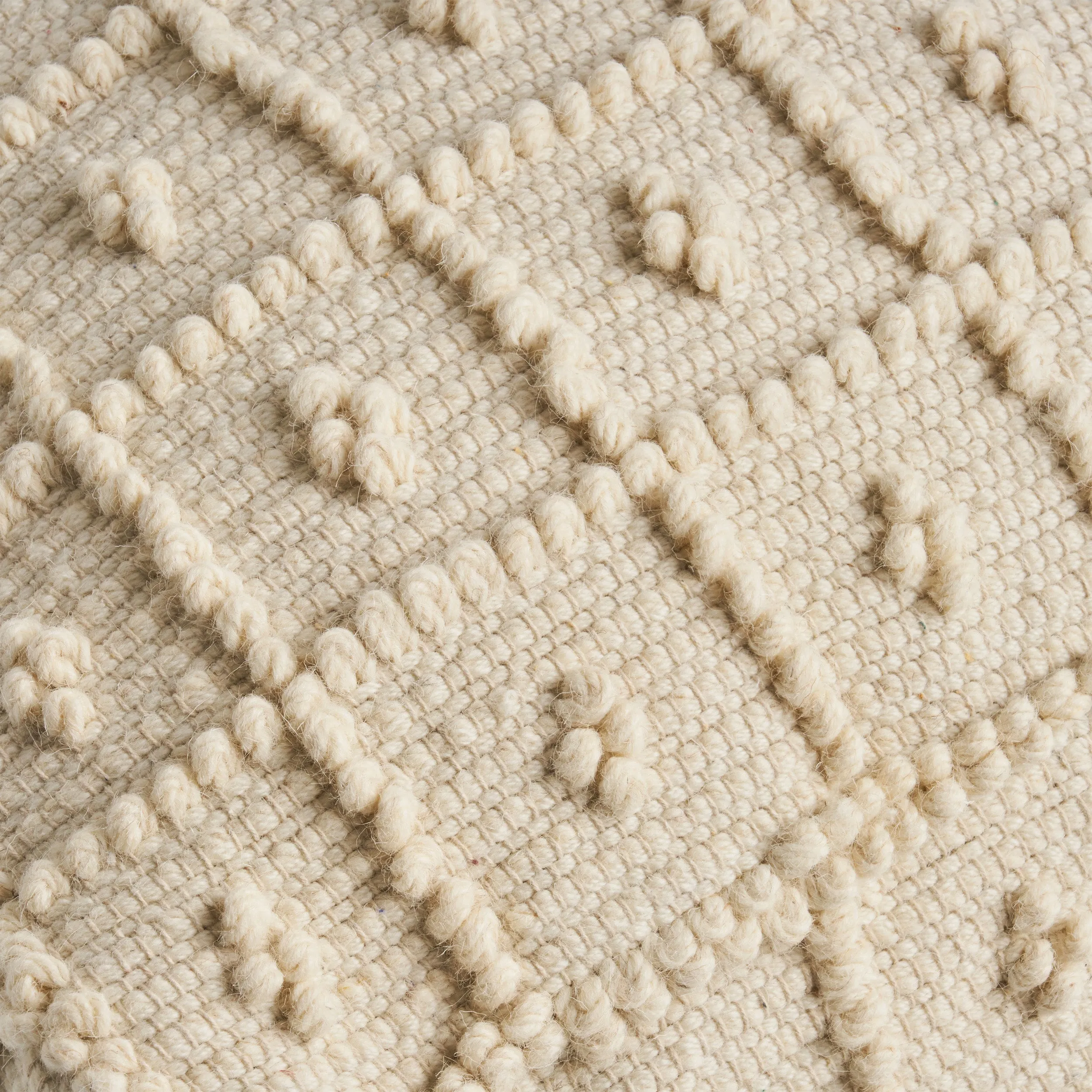 Dinah Boho Wool and Cotton Ottoman Pouf, Ivory