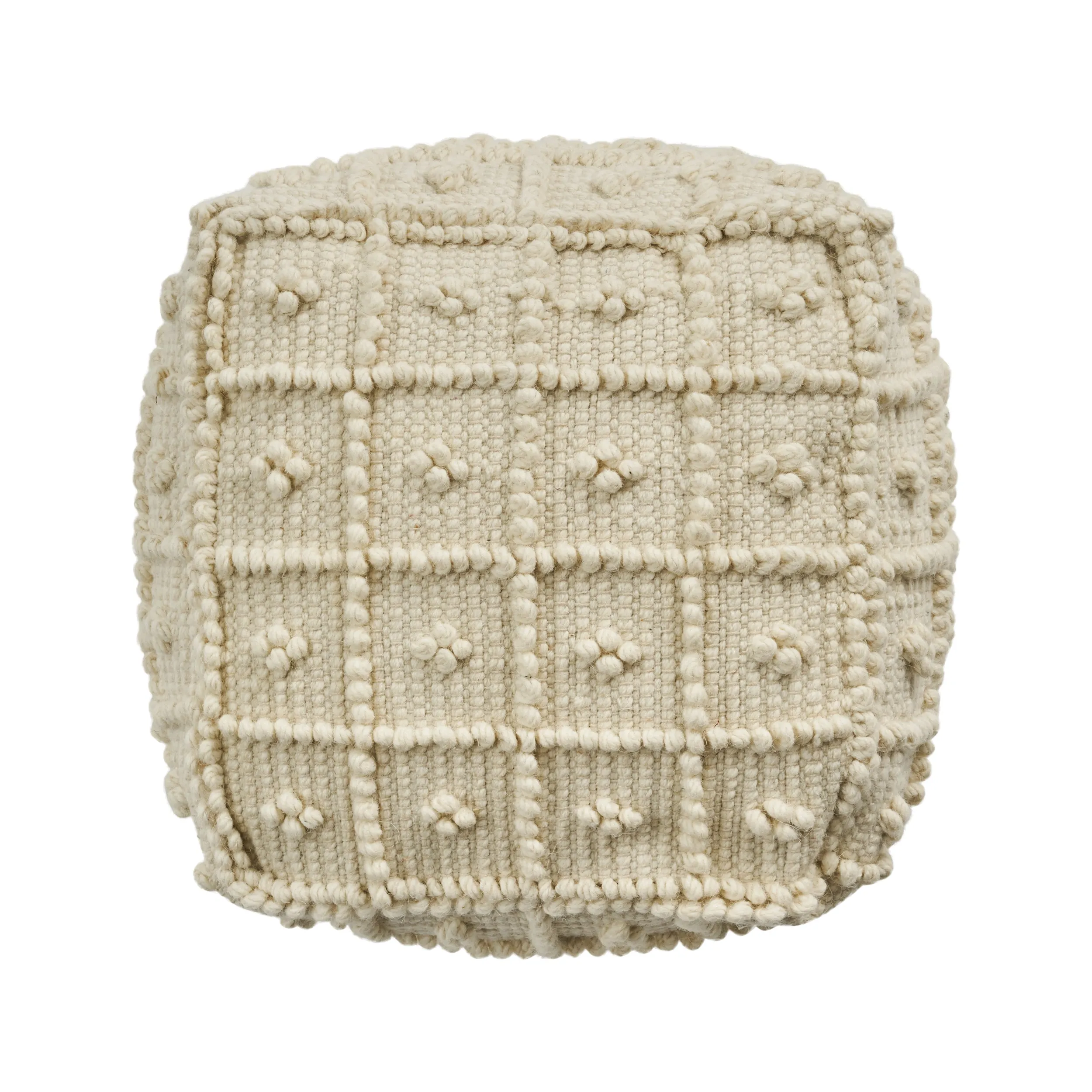 Dinah Boho Wool and Cotton Ottoman Pouf, Ivory