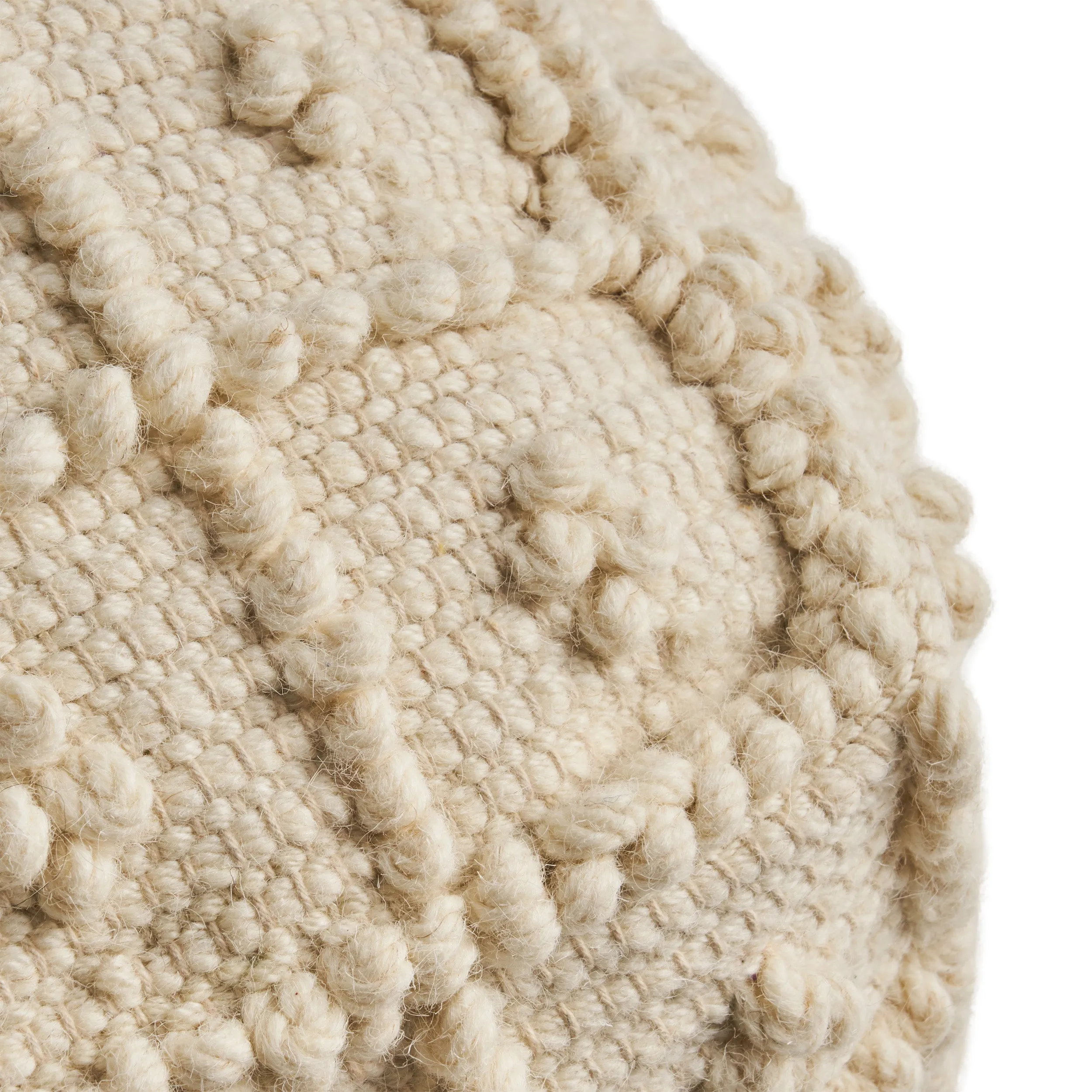 Dinah Boho Wool and Cotton Ottoman Pouf, Ivory