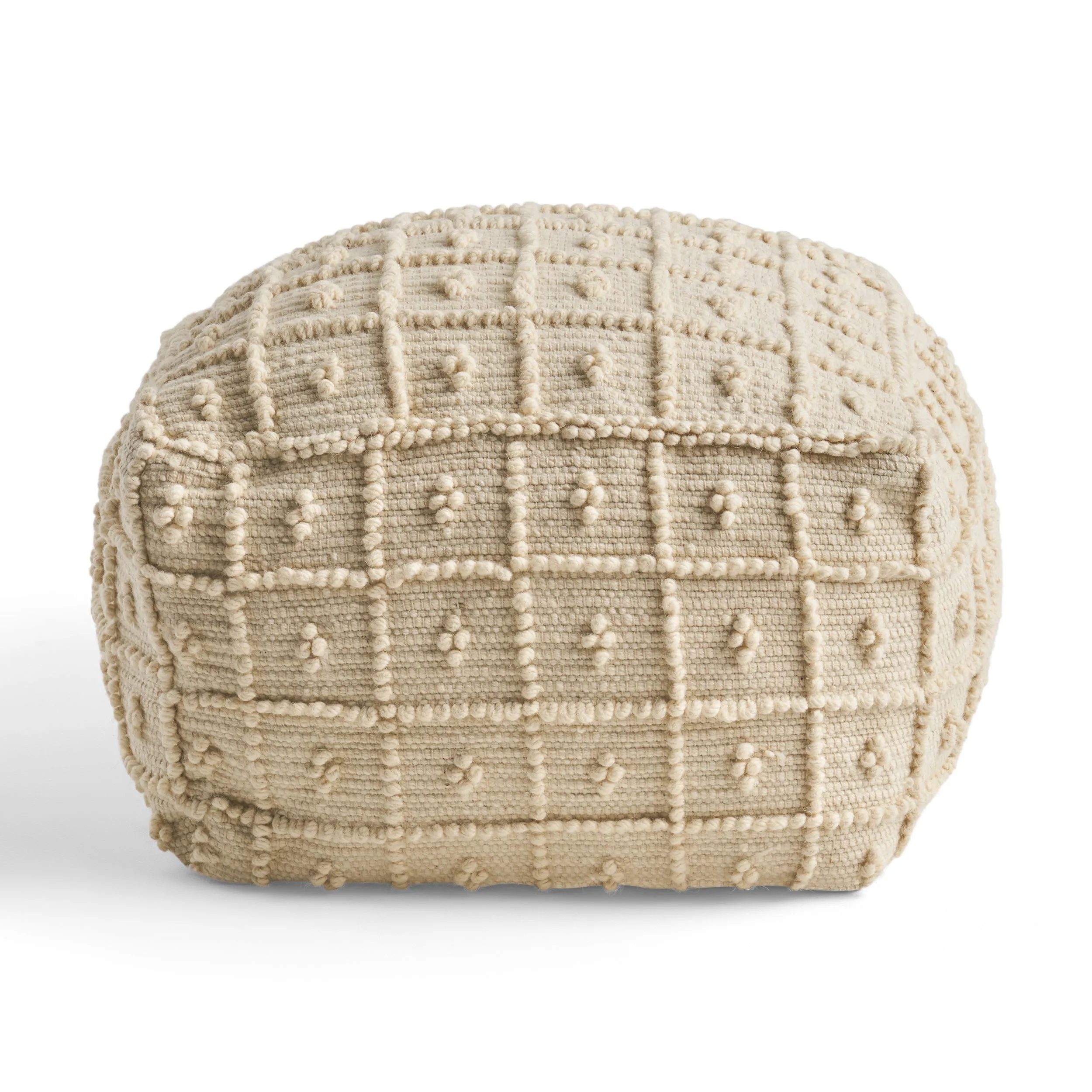 Dinah Boho Wool and Cotton Ottoman Pouf, Ivory
