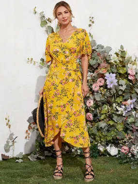 Floral Print Wrap Tie Side Dress