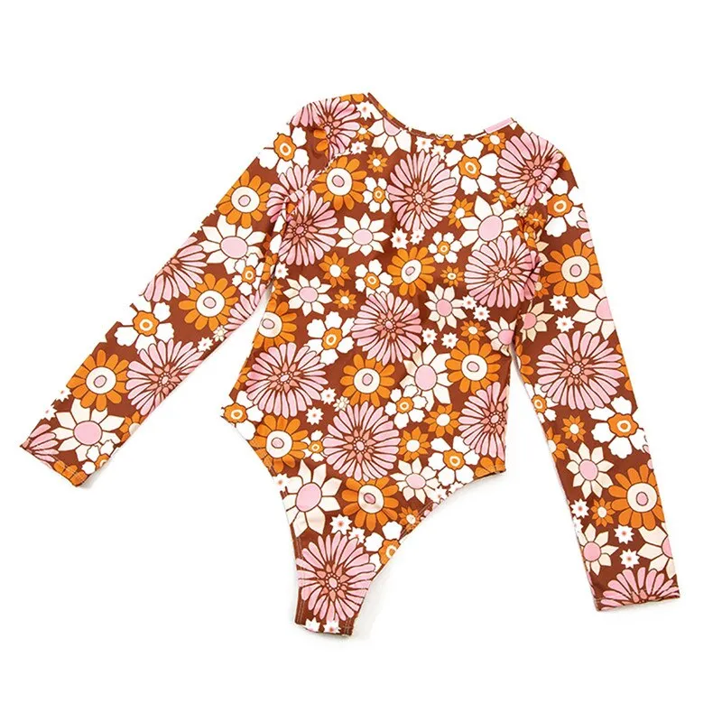 Flower Power Surfer Swimsuit Long Sleeve Zipper Front Henley Bodysuit Floral Print Bohemian One Piece Surfing Available In Small Medium Large Extra Large XL