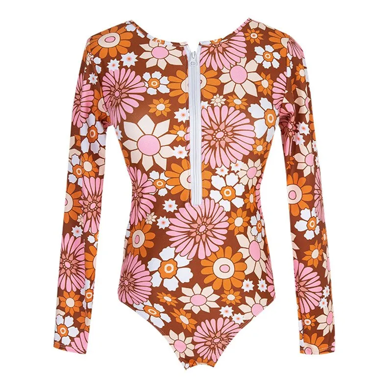 Flower Power Surfer Swimsuit Long Sleeve Zipper Front Henley Bodysuit Floral Print Bohemian One Piece Surfing Available In Small Medium Large Extra Large XL