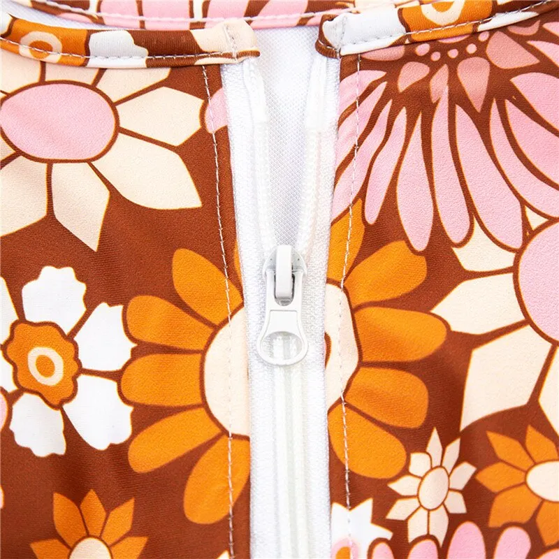 Flower Power Surfer Swimsuit Long Sleeve Zipper Front Henley Bodysuit Floral Print Bohemian One Piece Surfing Available In Small Medium Large Extra Large XL