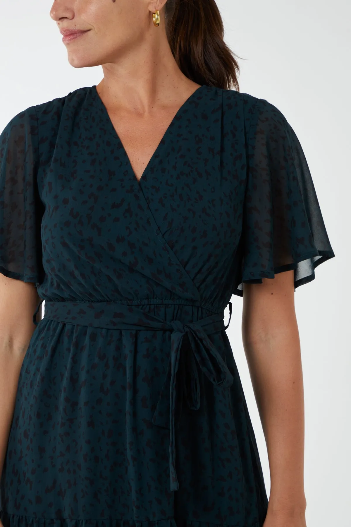 Flutter Sleeve Wrap Tie Midi Dress