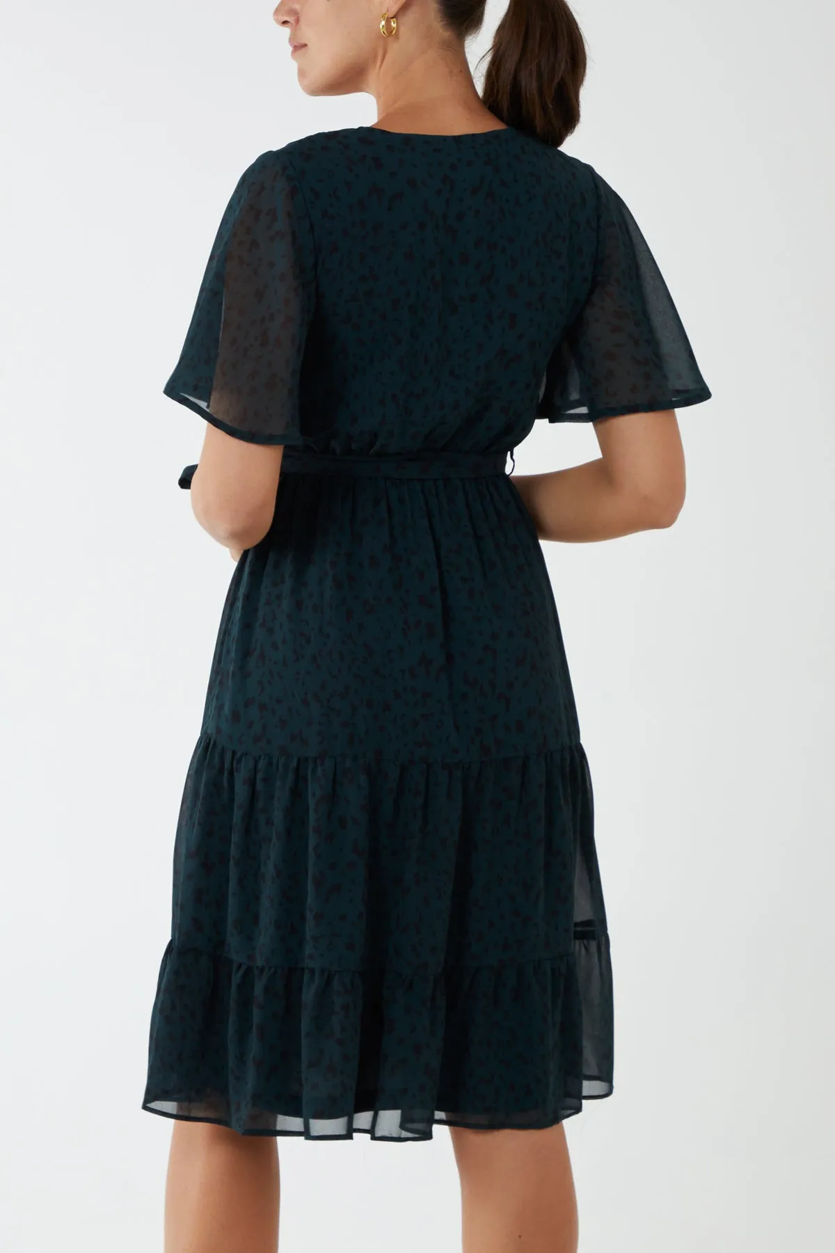 Flutter Sleeve Wrap Tie Midi Dress