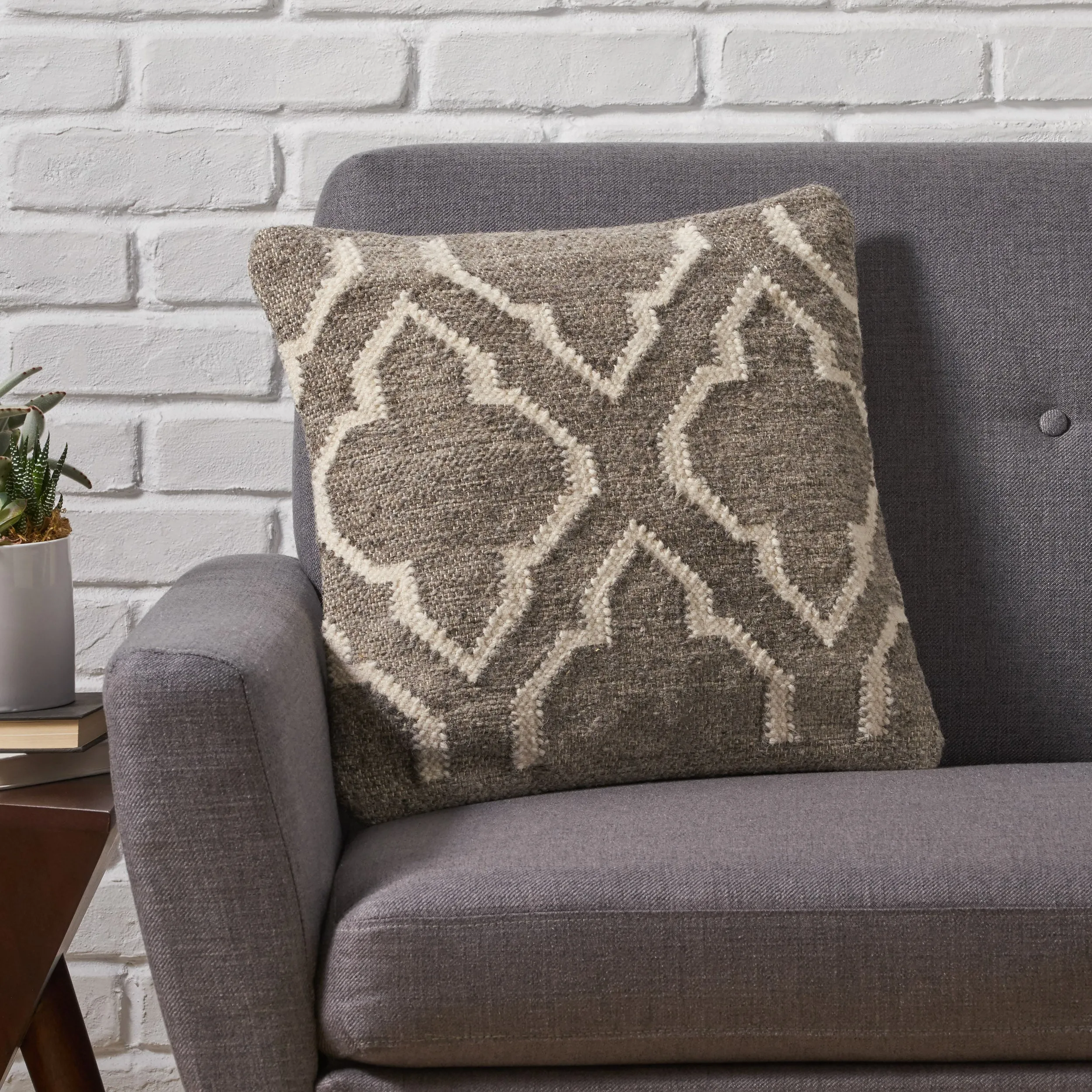 Gladys Boho Wool Throw Pillow, Natural Brown and White