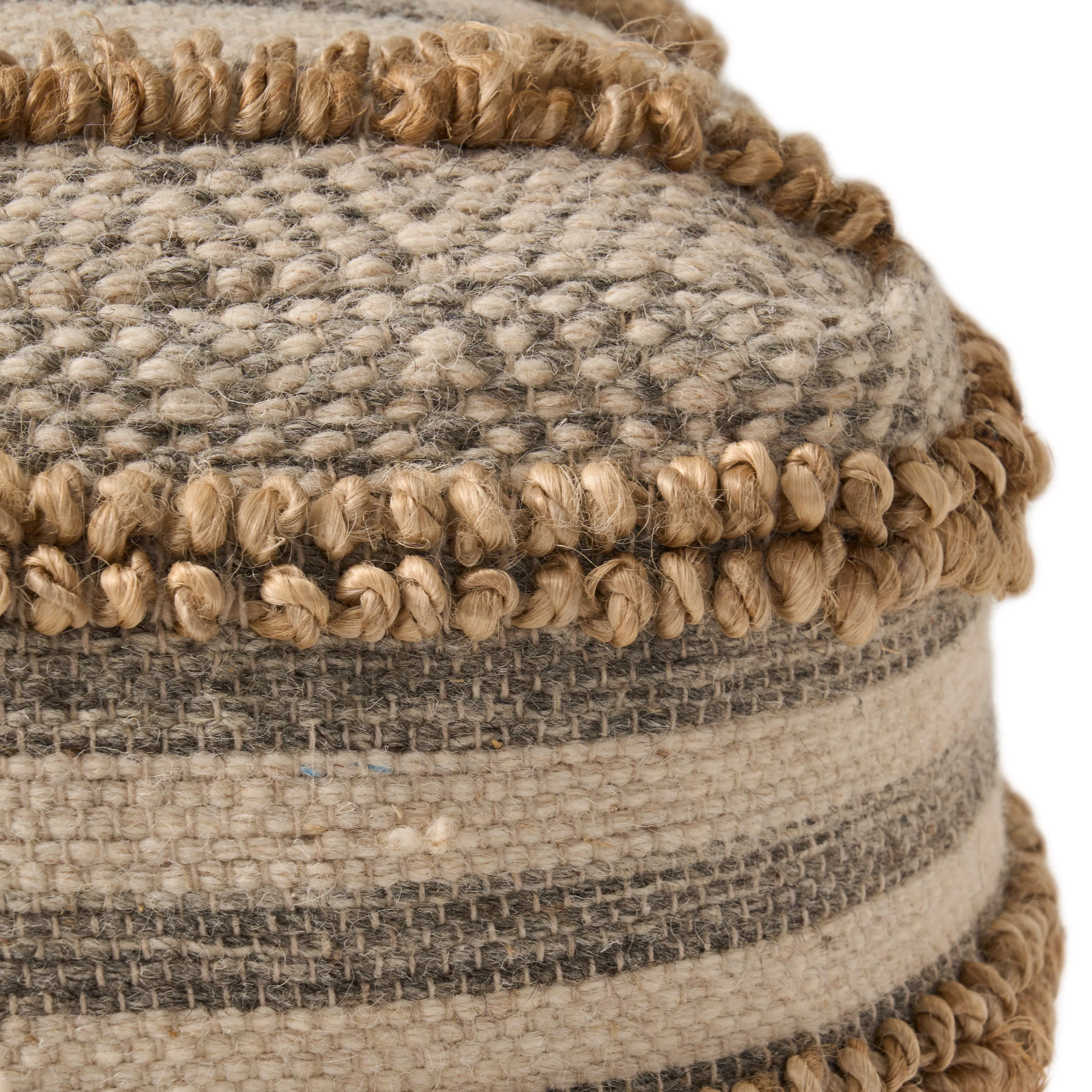 Gladys Contemporary Hemp, Wool and Cotton Pouf Ottoman, Natural and Gray