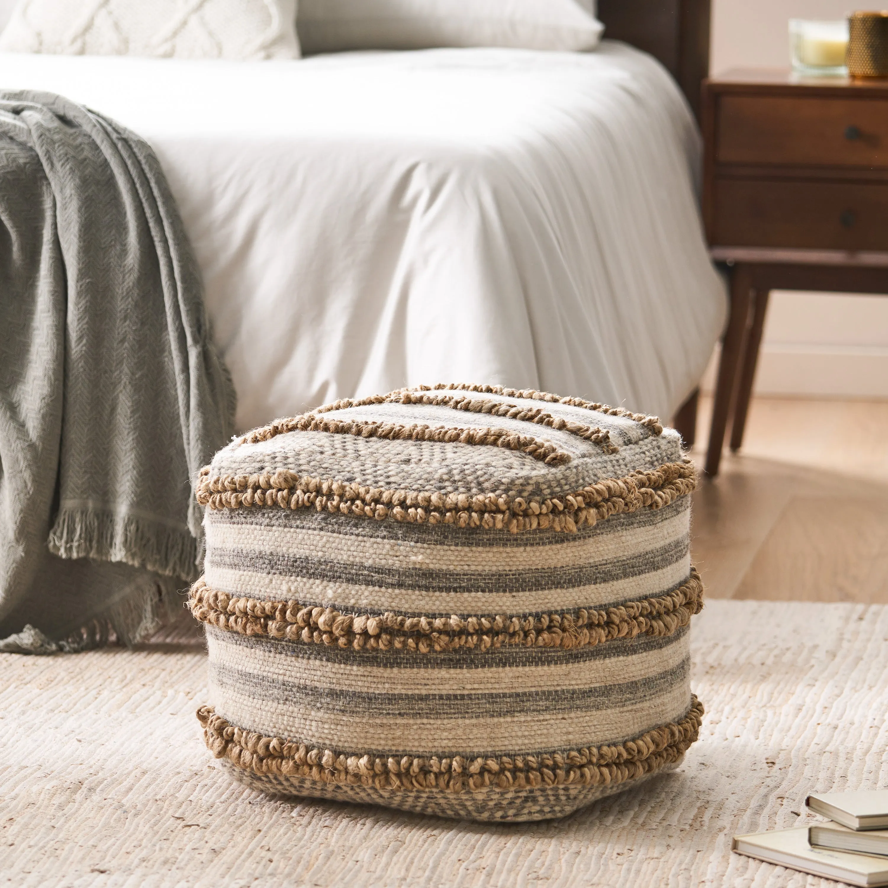 Gladys Contemporary Hemp, Wool and Cotton Pouf Ottoman, Natural and Gray