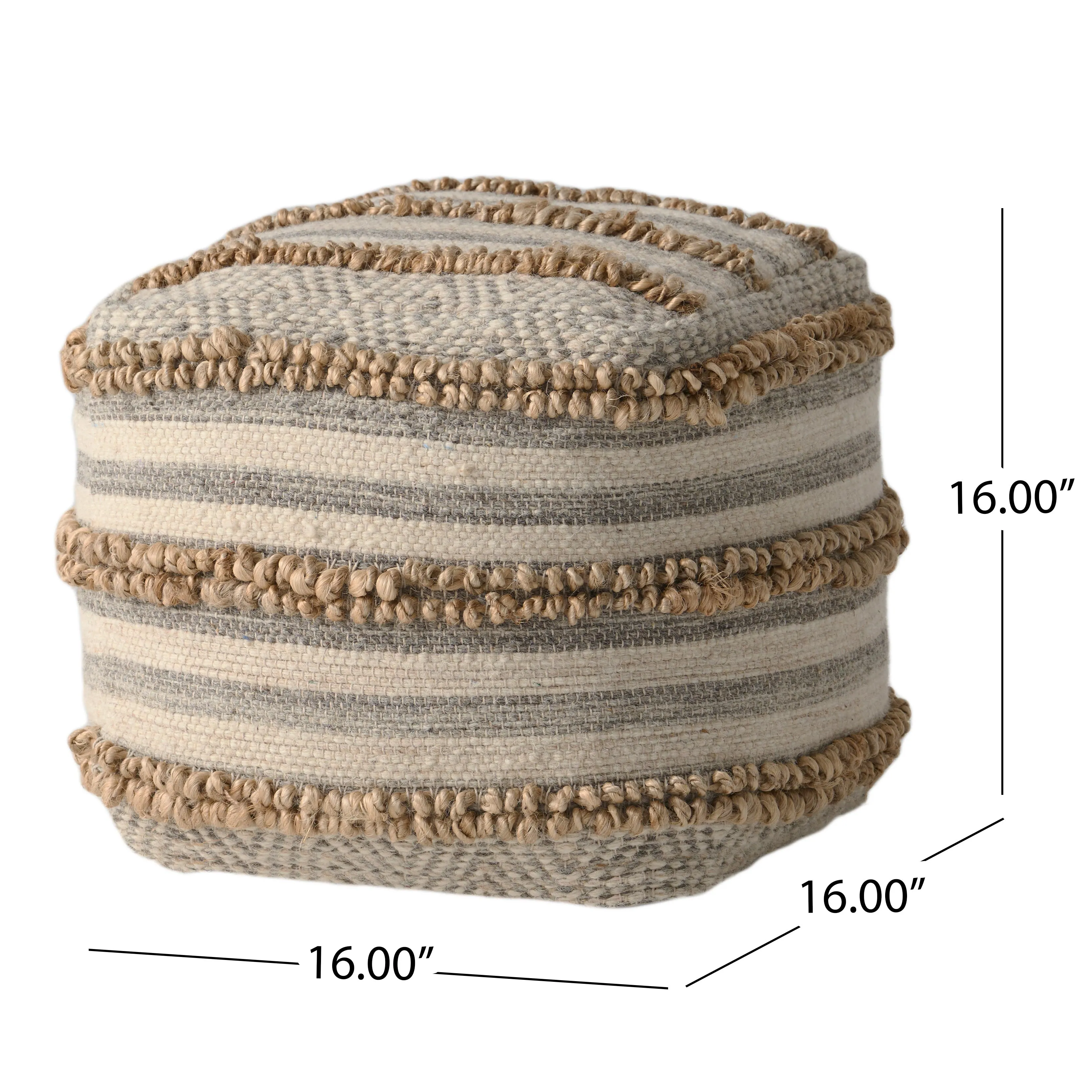 Gladys Contemporary Hemp, Wool and Cotton Pouf Ottoman, Natural and Gray
