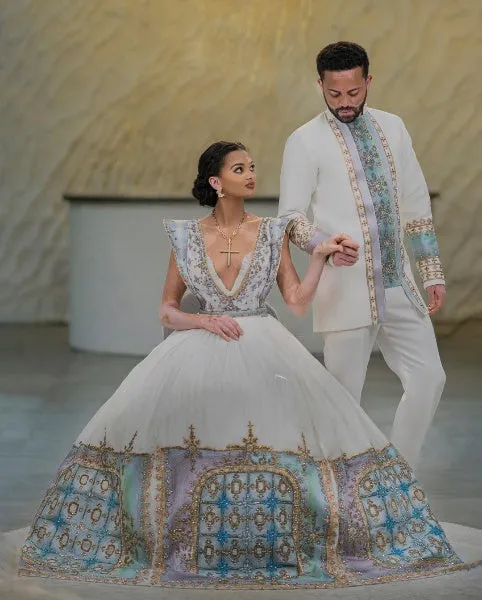 Glorious Blue with Bronze Habesha Couples Outfit: Contemporary Look in Ethiopian Couples Outfit