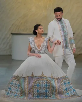 Glorious Blue with Bronze Habesha Couples Outfit: Contemporary Look in Ethiopian Couples Outfit