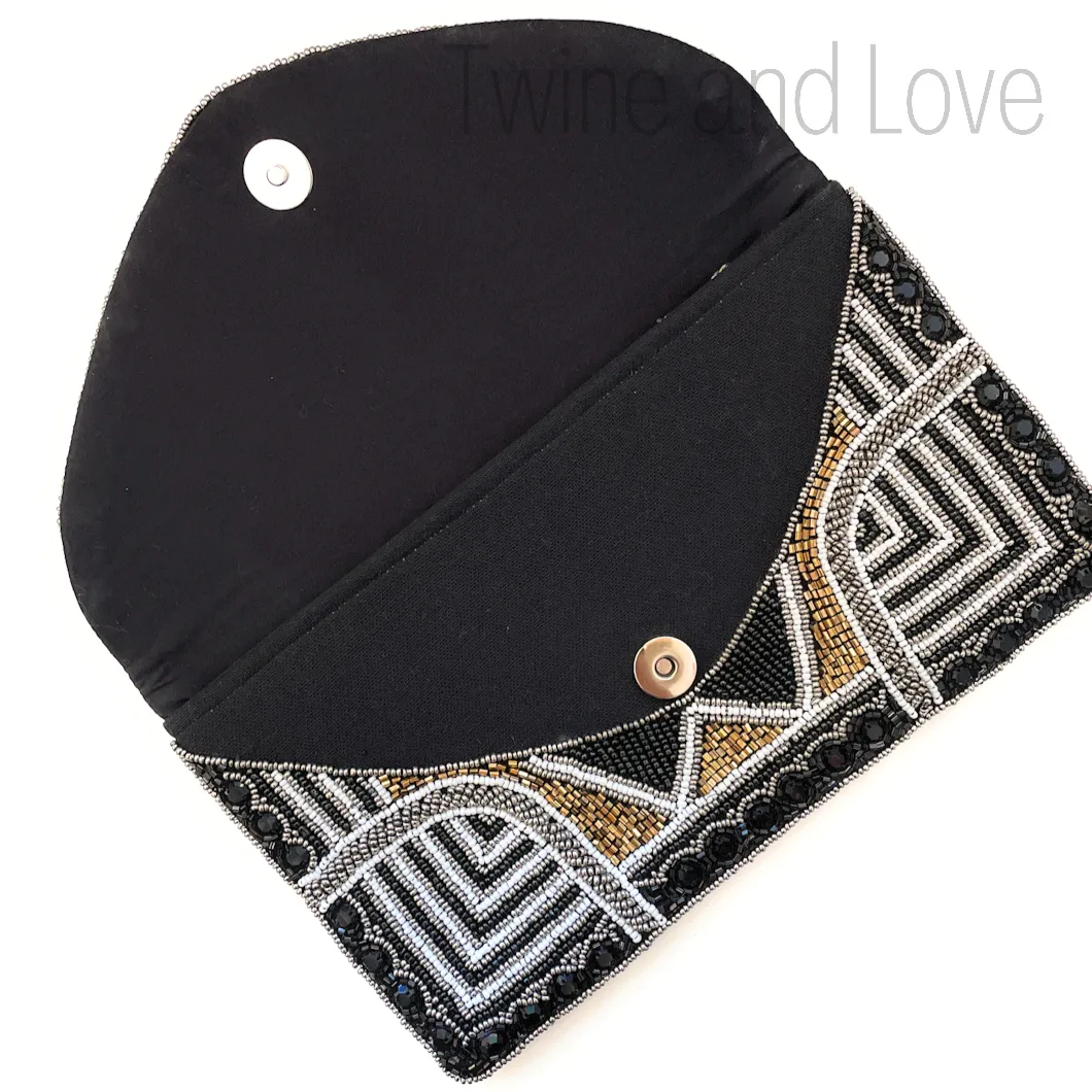 Gold Black Beaded Clutch Purse