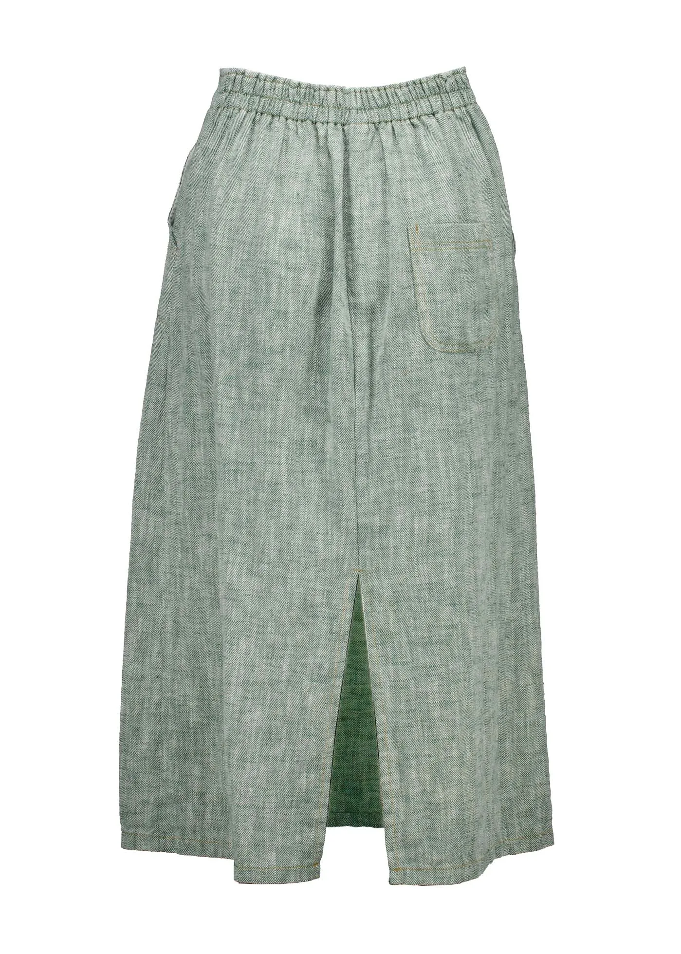Hepburn Panorama Skirt Green in Herringbone Linen