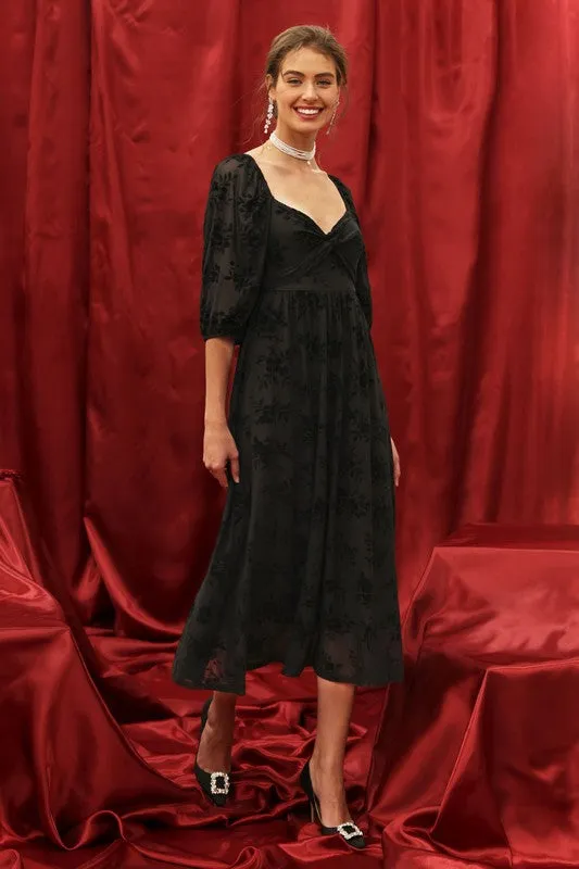 ISLA FLORAL VELVET LONG SLEEVE TWIST FRONT MIDI DRESS