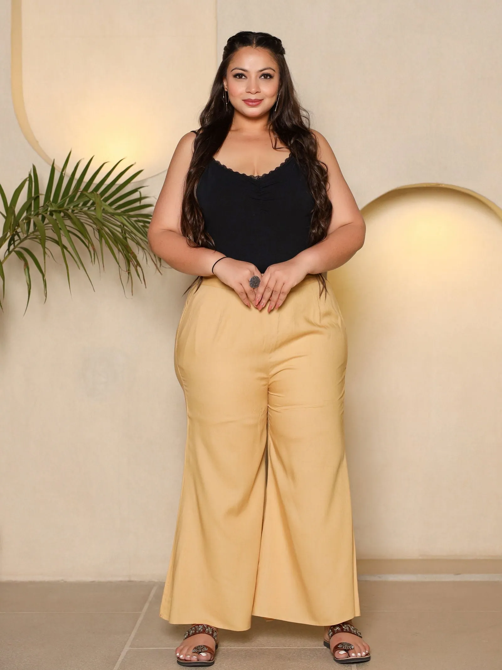 Jashvi Beige Modal Rayon Women Partially Elasticated Plus Size Bell Bottom Pants With Single Side Pocket