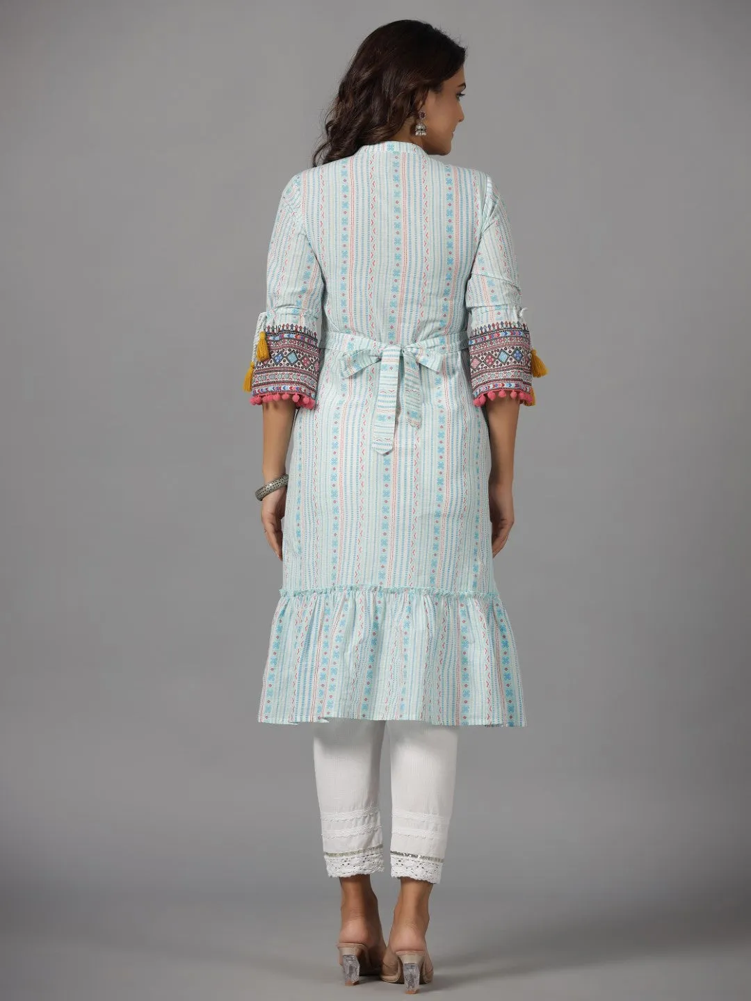 Jashvi The Banjara Blue Cotton Geometric Printed Tiered Fusion Kurta With Contrasting Pom-Pom Lace