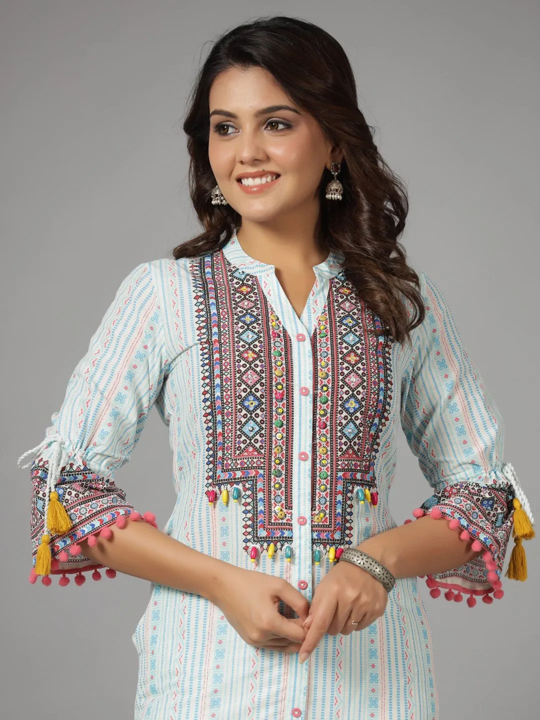 Jashvi The Banjara Blue Cotton Geometric Printed Tiered Fusion Kurta With Contrasting Pom-Pom Lace
