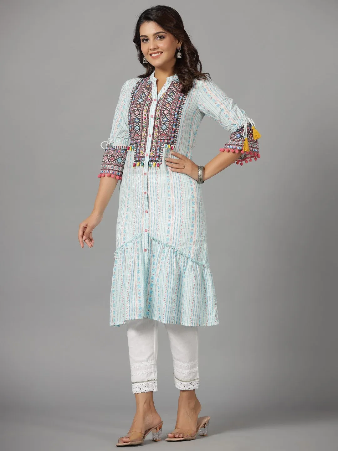 Jashvi The Banjara Blue Cotton Geometric Printed Tiered Fusion Kurta With Contrasting Pom-Pom Lace