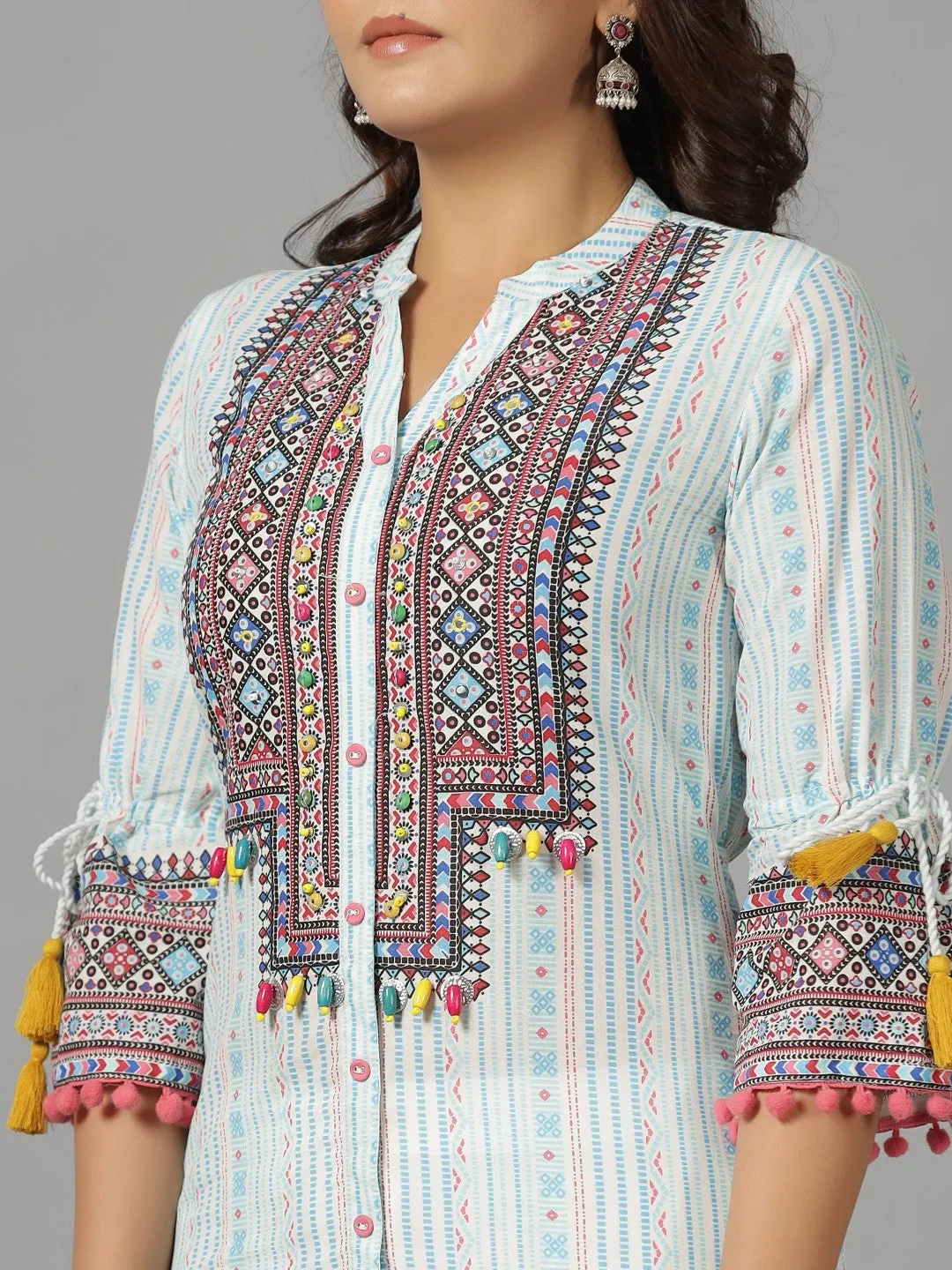 Jashvi The Banjara Blue Cotton Geometric Printed Tiered Fusion Kurta With Contrasting Pom-Pom Lace