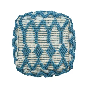 Jessie Boho Wool and Cotton Ottoman Pouf, Teal and White