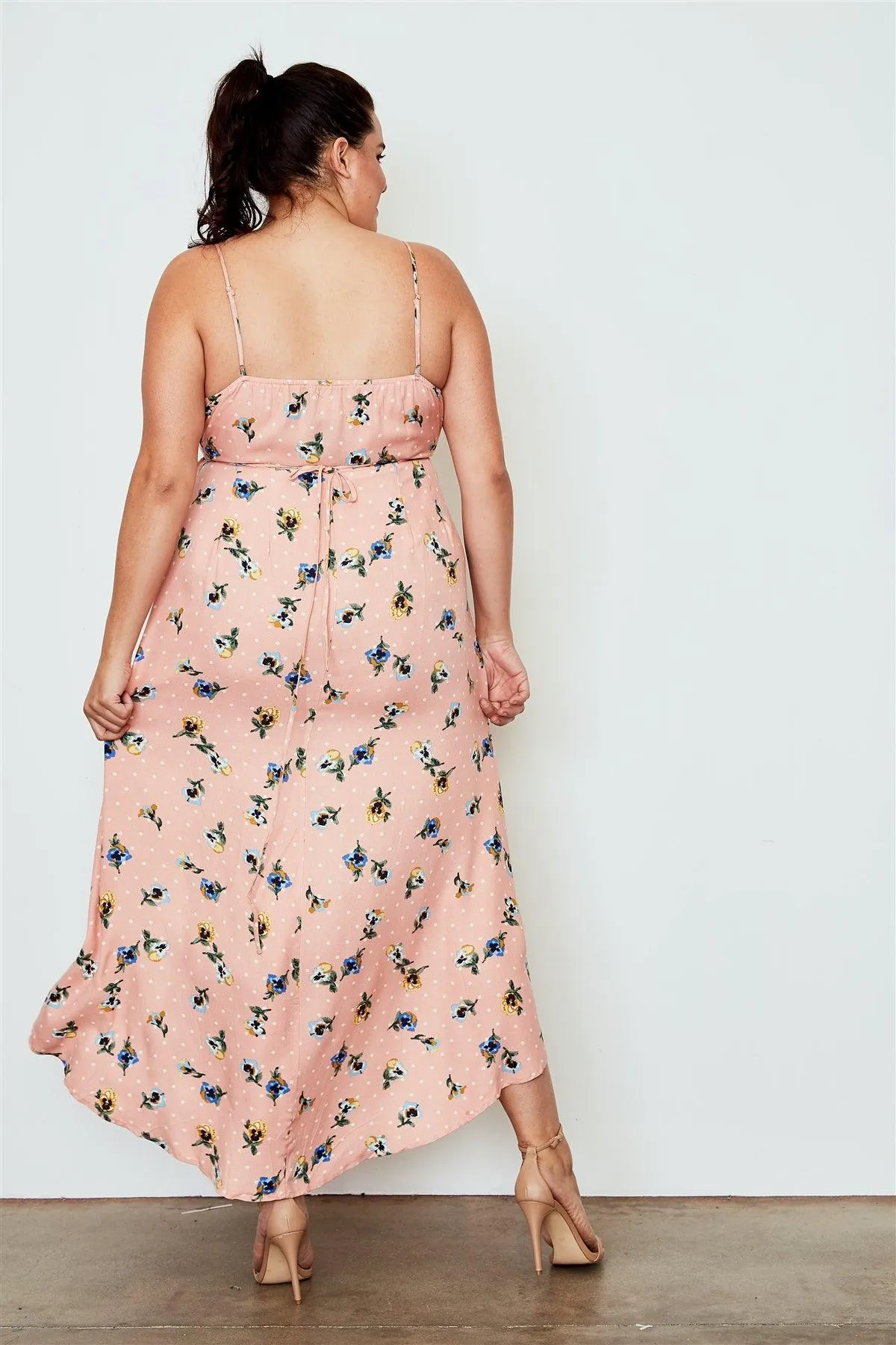 Junior Plus Size Peach Flower Print Hi-Low Wrap Midi Dress / 1-1-3-2