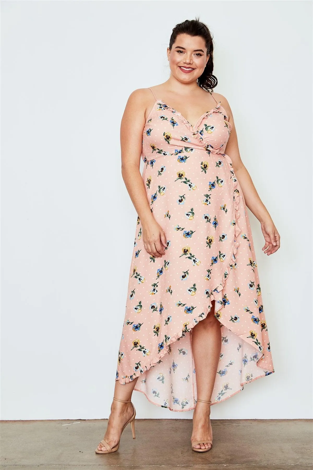 Junior Plus Size Peach Flower Print Hi-Low Wrap Midi Dress / 1-1-3-2