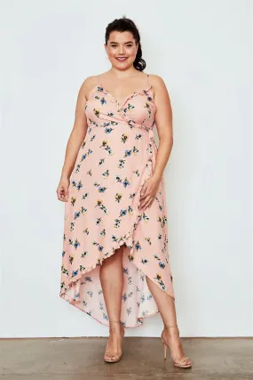 Junior Plus Size Peach Flower Print Hi-Low Wrap Midi Dress / 1-1-3-2