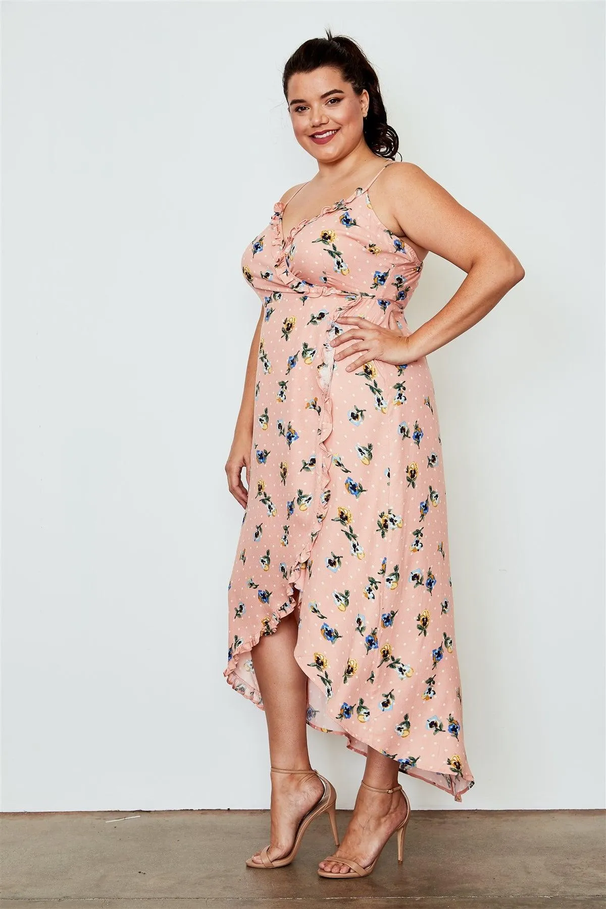 Junior Plus Size Peach Flower Print Hi-Low Wrap Midi Dress / 1-1-3-2