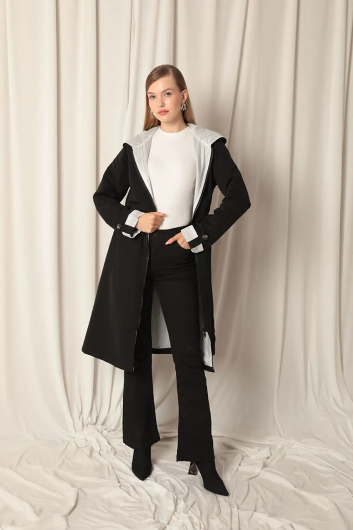 KKT Torino Fabric Striped Hooded Women's Black Raincoat - Piraeus
