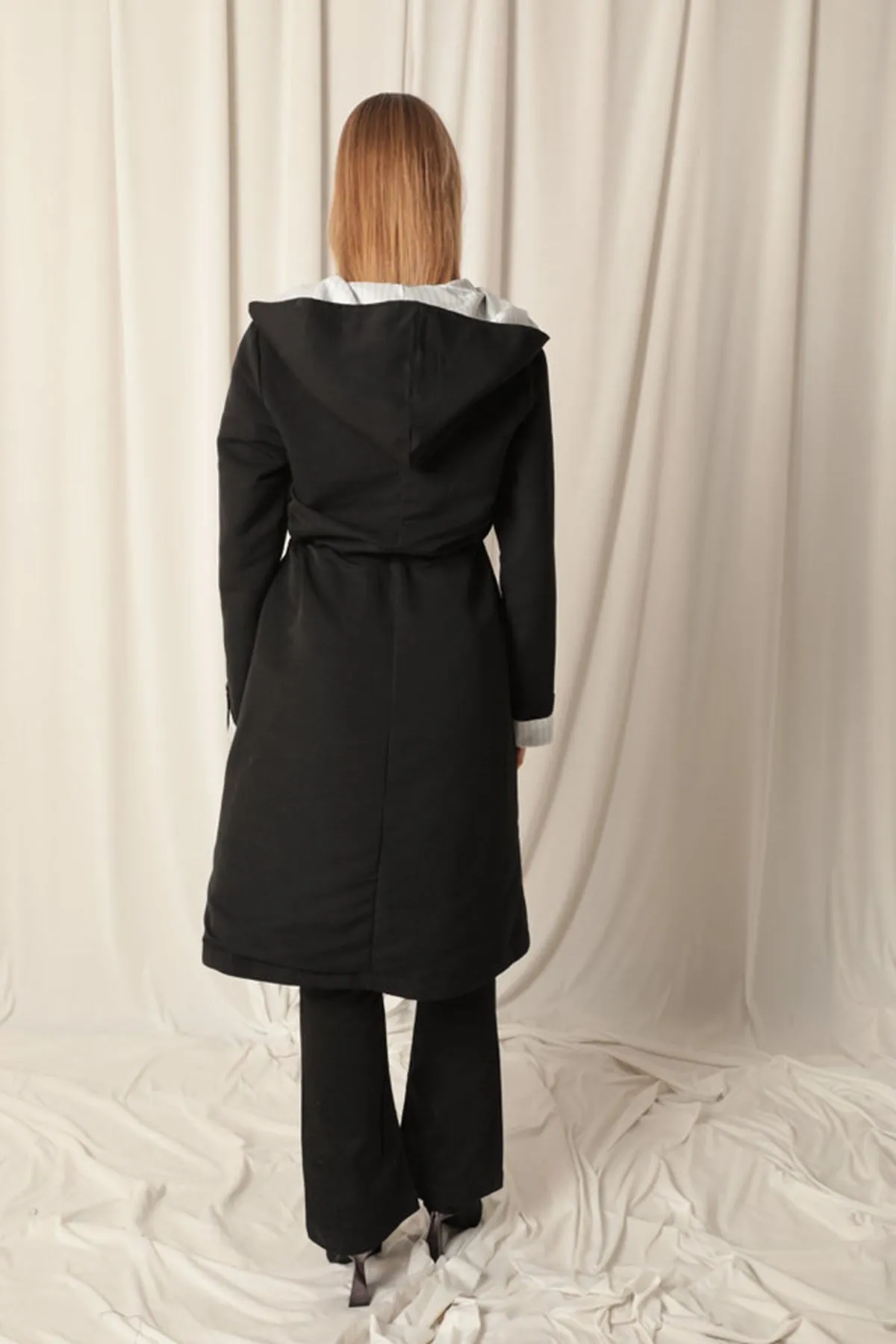 KKT Torino Fabric Striped Hooded Women's Black Raincoat - Piraeus